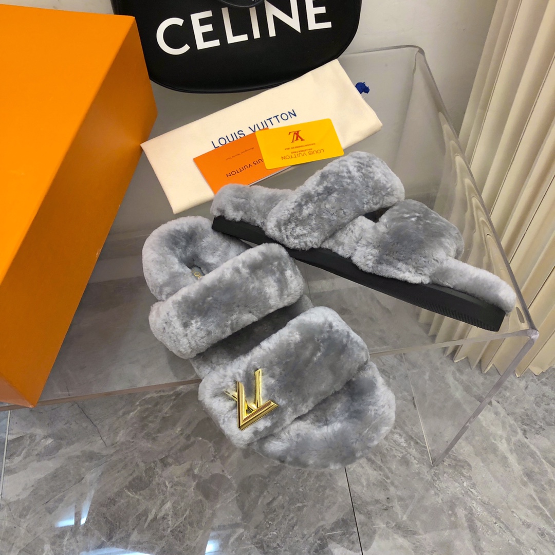 Bagsaaa L0vis Vvtt0n Grey shearling Comfort Flat Mule