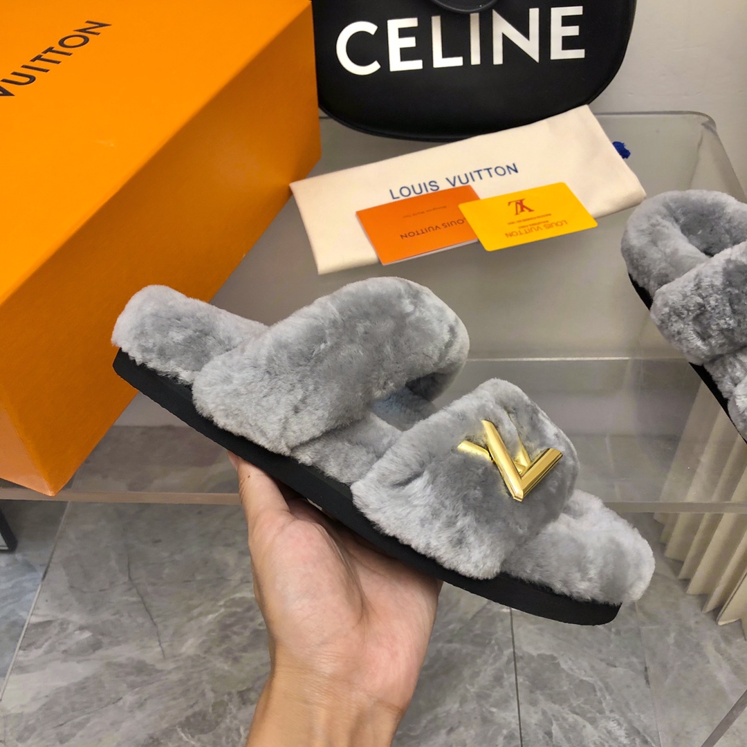 Bagsaaa L0vis Vvtt0n Grey shearling Comfort Flat Mule