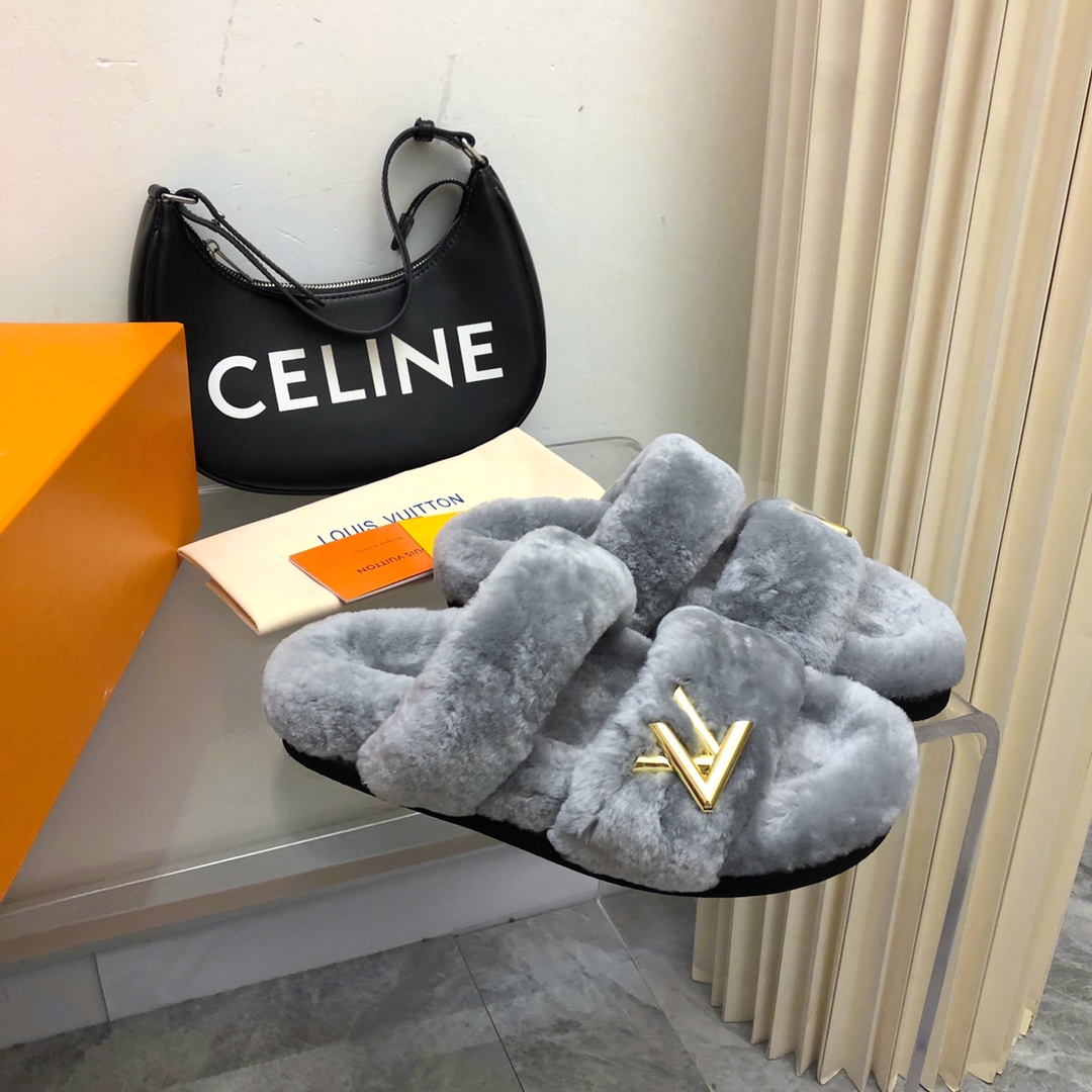 Bagsaaa L0vis Vvtt0n Grey shearling Comfort Flat Mule