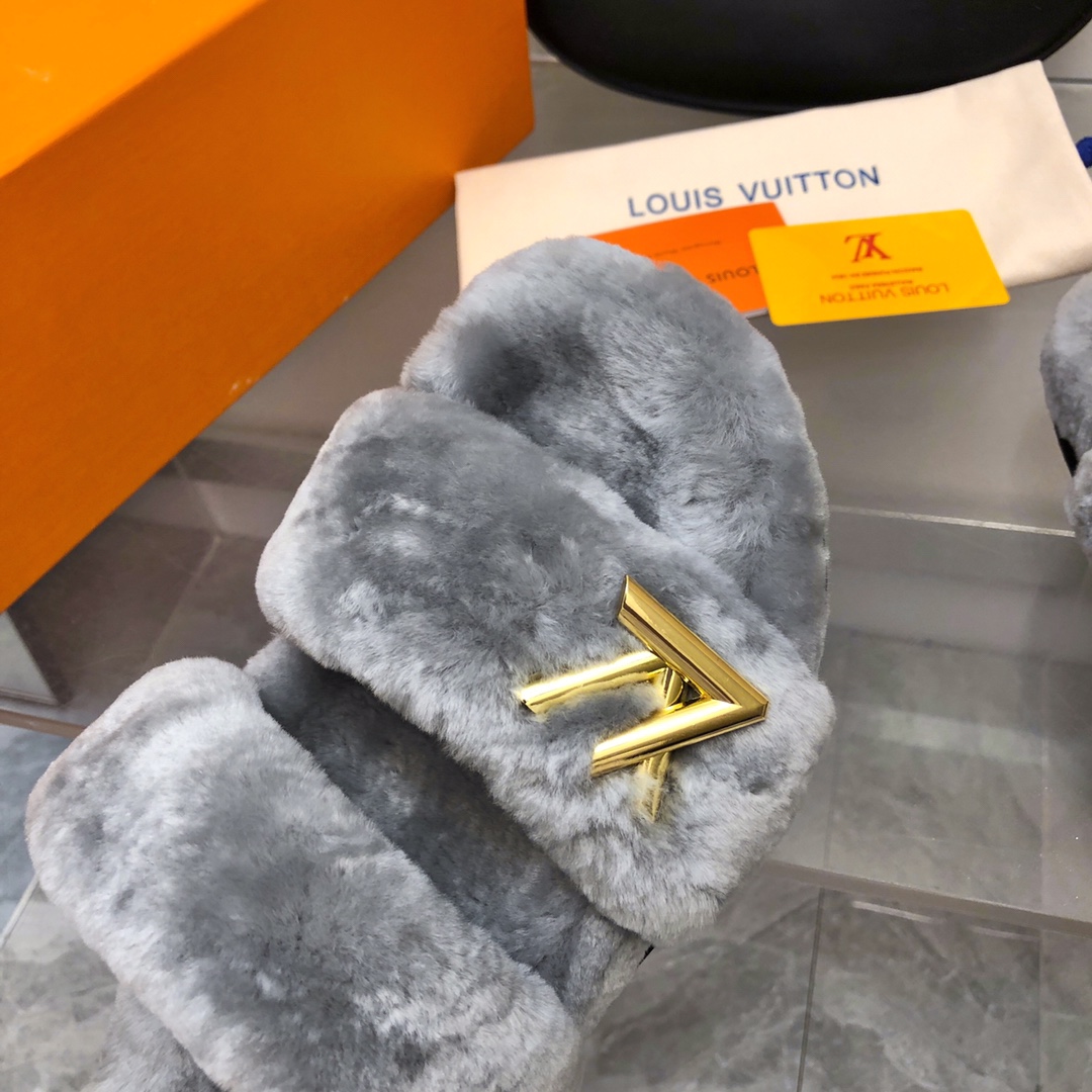 Bagsaaa L0vis Vvtt0n Grey shearling Comfort Flat Mule