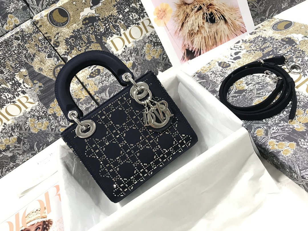 Bagsaaa Mini Lady D10r Bag Black Strass Cannage Satin - 17cm