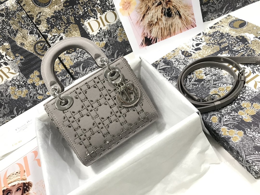 Bagsaaa D10r Lady Grey Strass Cannage Satin Bag