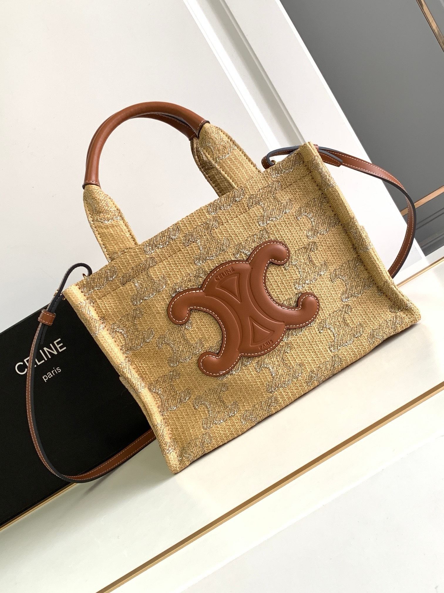 Bagsaaa Ce1i*e Small Cabas Thais in Raffia Triomphe Jacquard Natural - 25.5x18.5x12cm