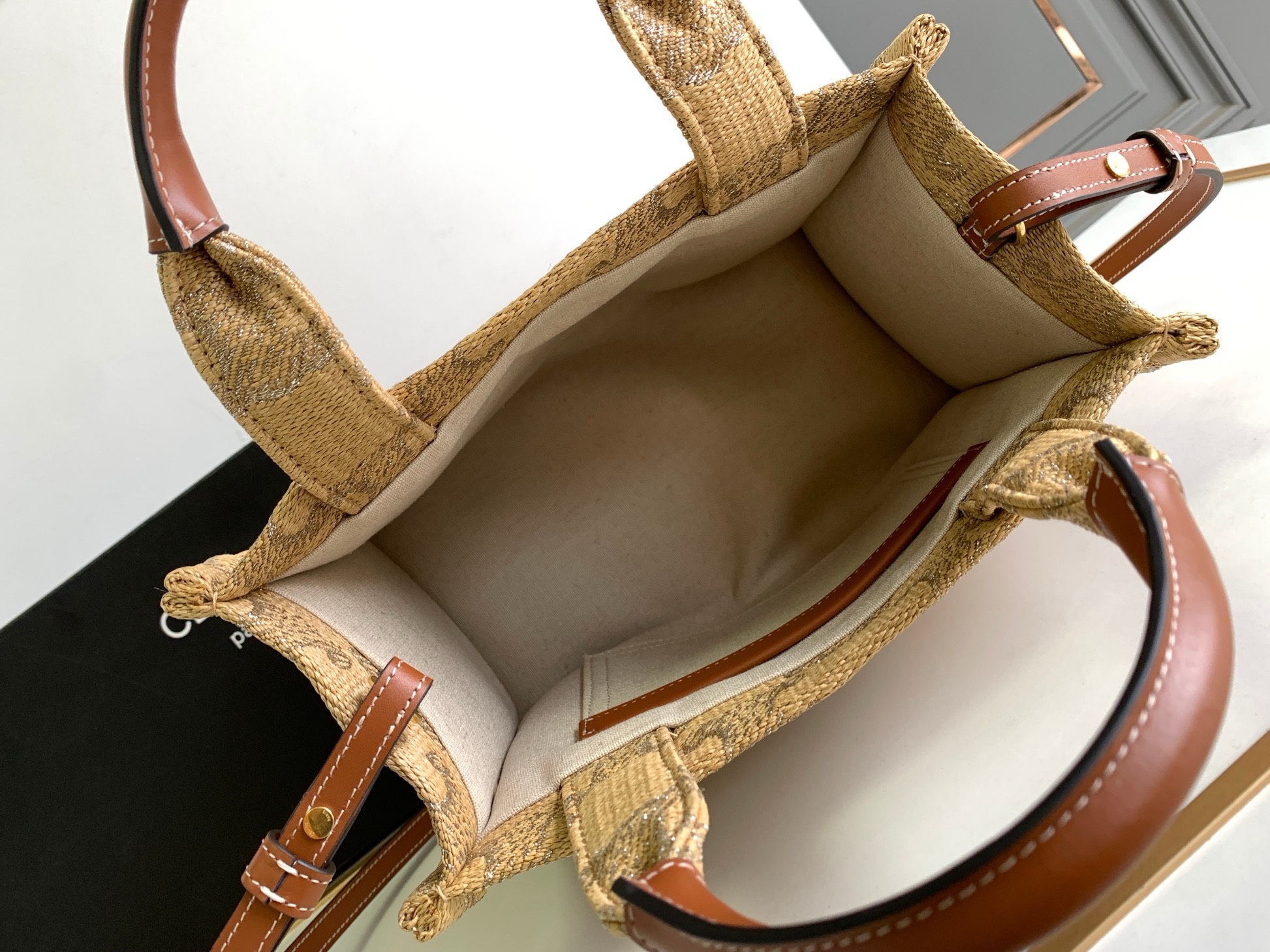 Bagsaaa Ce1i*e Small Cabas Thais in Raffia Triomphe Jacquard Natural - 25.5x18.5x12cm