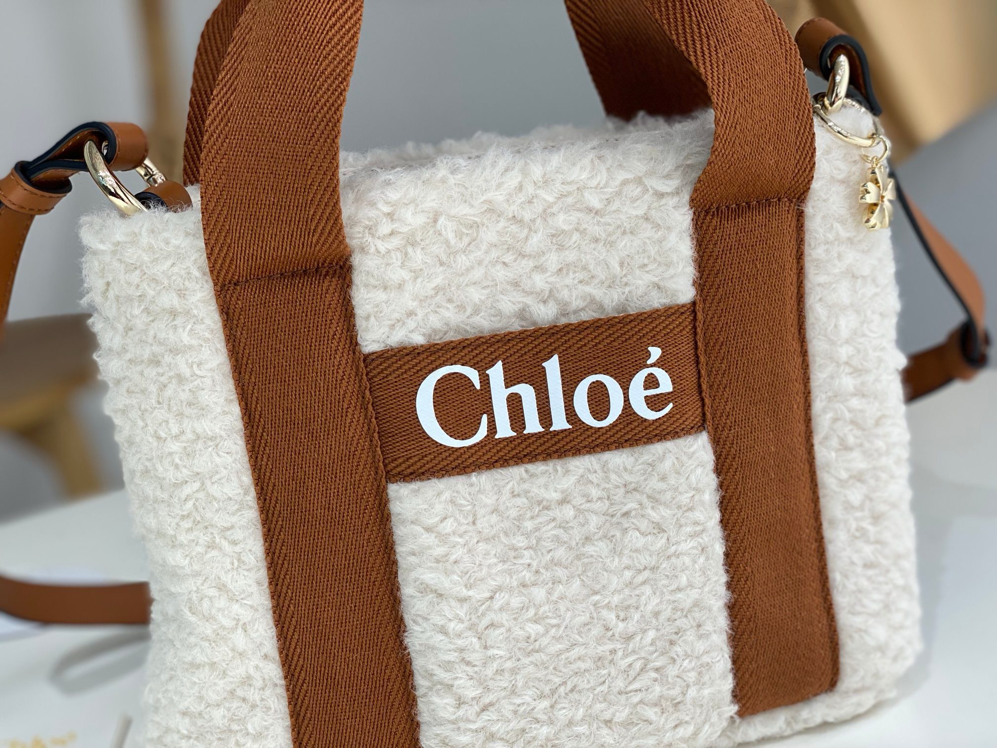 Bagsaaa Chloe Woody Shearling Tote In Brown - 25x20x8cm