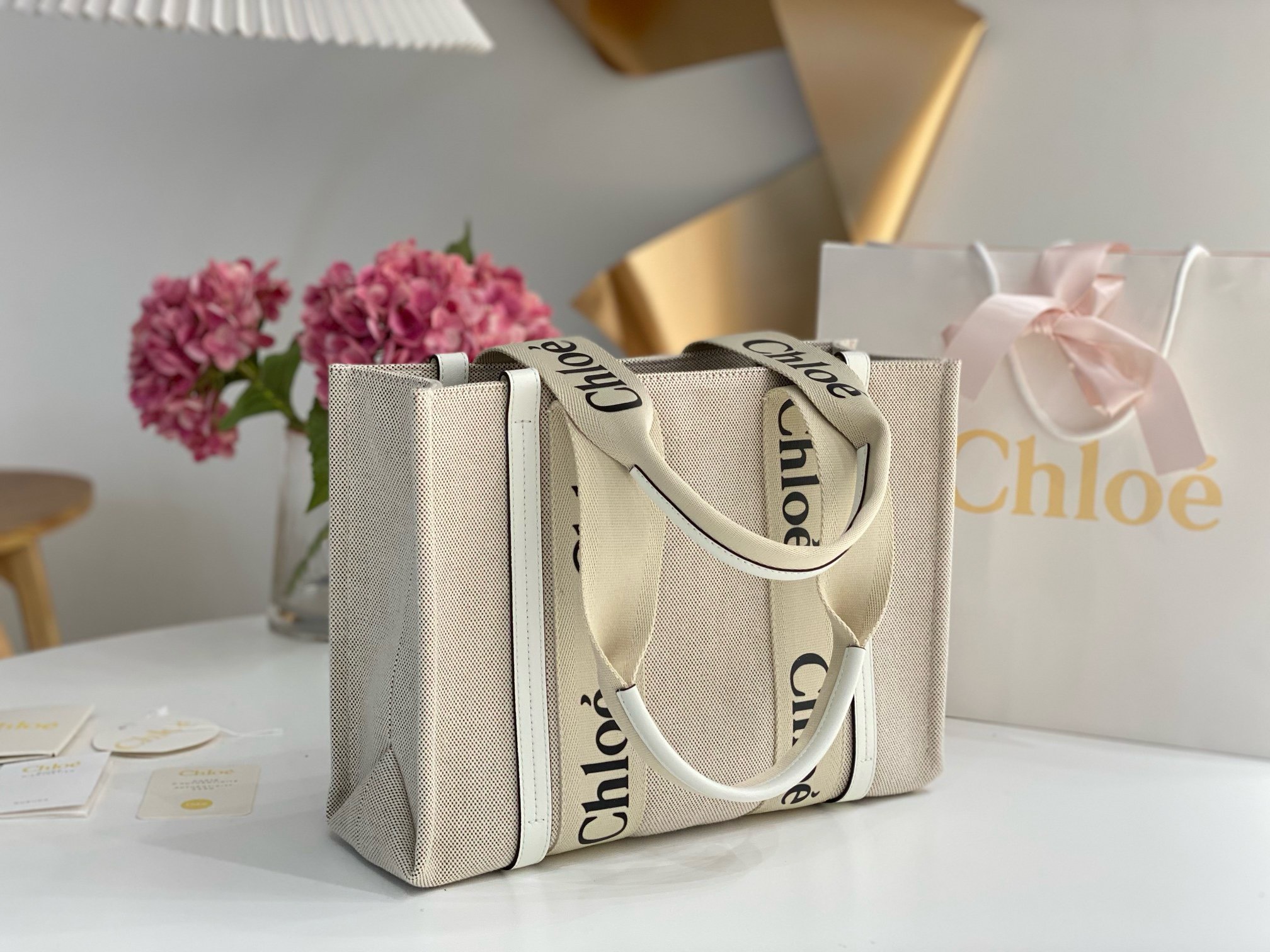 Bagsaaa Chloe Medium Woody Tote Bag White - 37x26x12cm