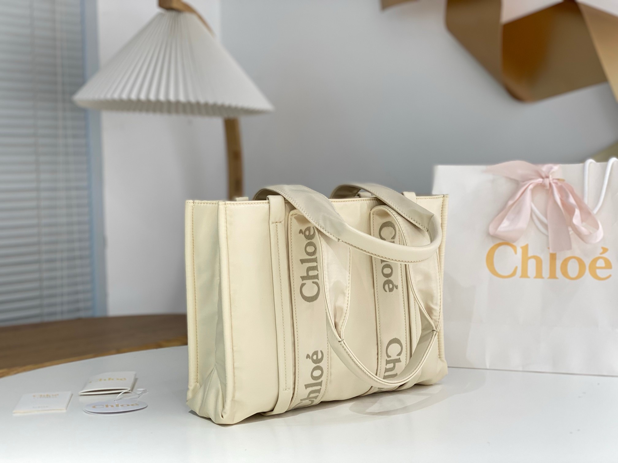 Bagsaaa Chloe Medium Woody Tote Bag Nylon White - 37x26x12cm