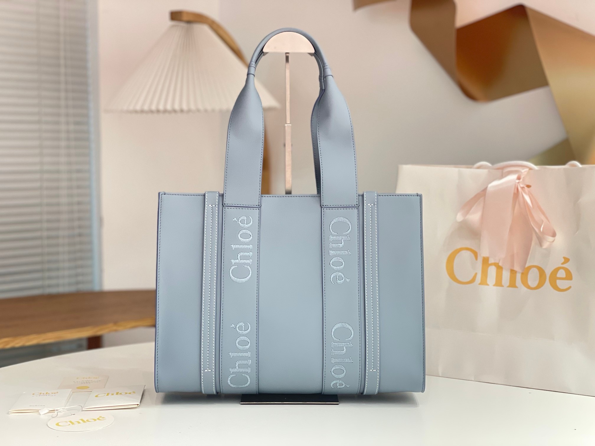 Bagsaaa Chloe Medium Woody Tote Bag Calfskin Blue - 37x26x12cm