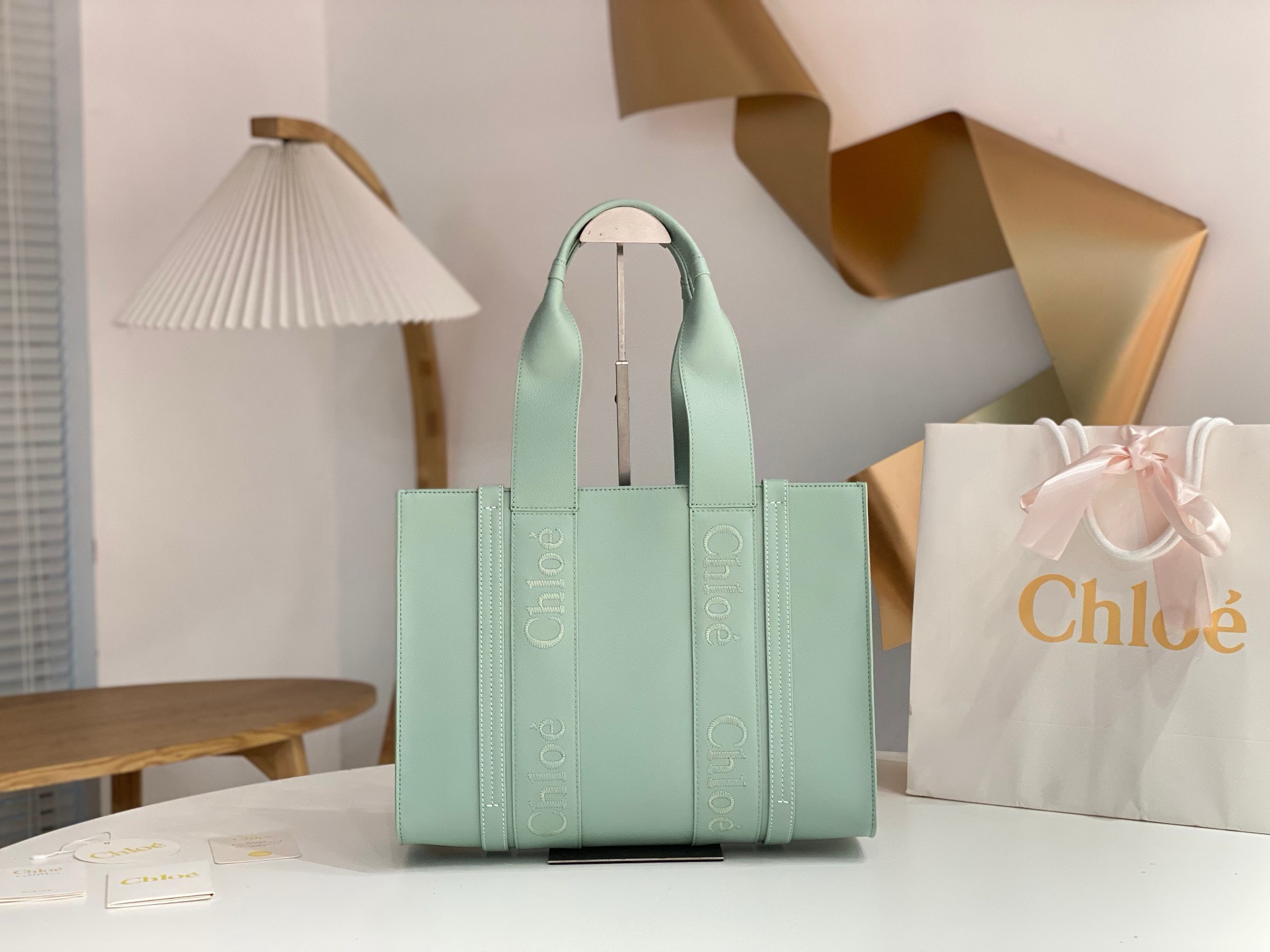 Bagsaaa Chloe Medium Woody Tote Bag Calfskin Green - 37x26x12cm