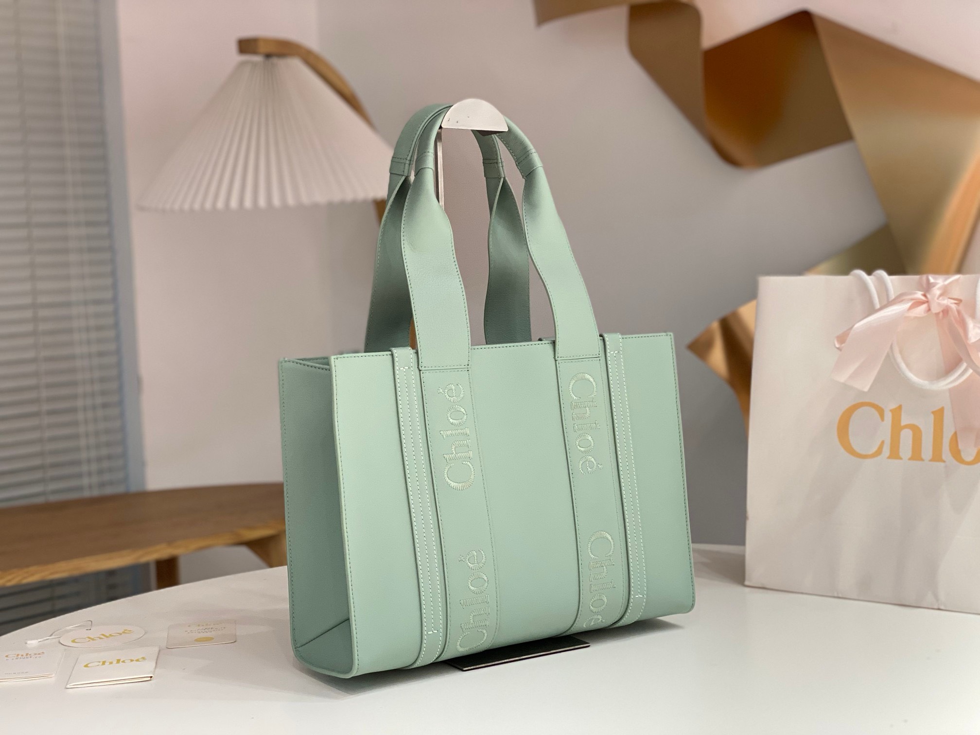Bagsaaa Chloe Medium Woody Tote Bag Calfskin Green - 37x26x12cm