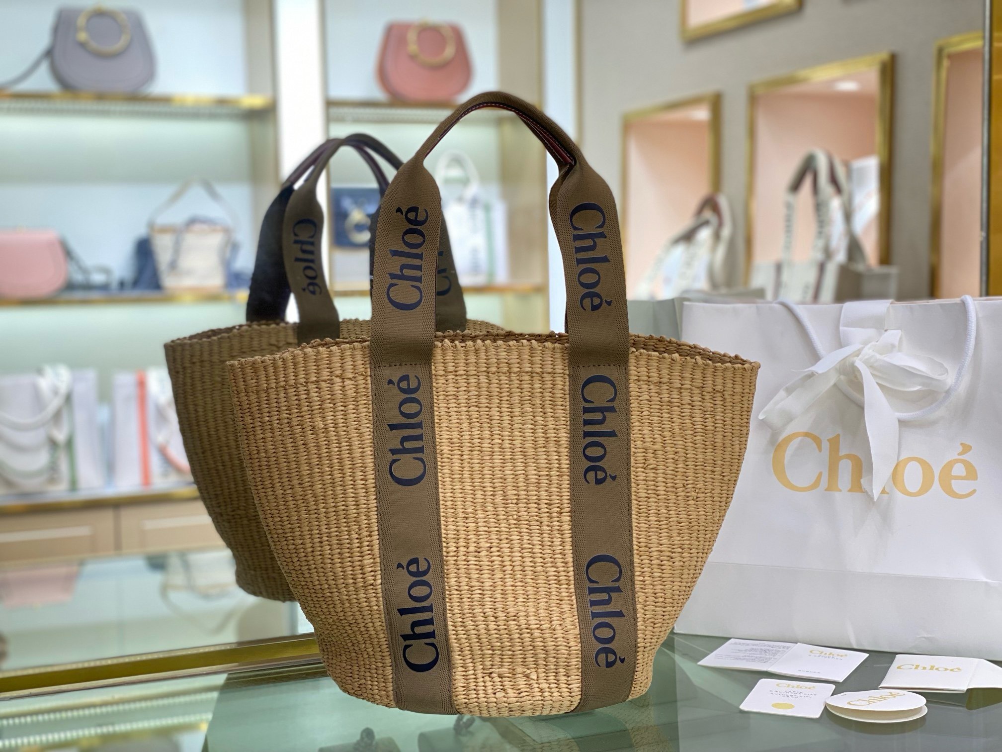 Bagsaaa Chloe Woody large leather-trimmed raffia tote - 3 colors
