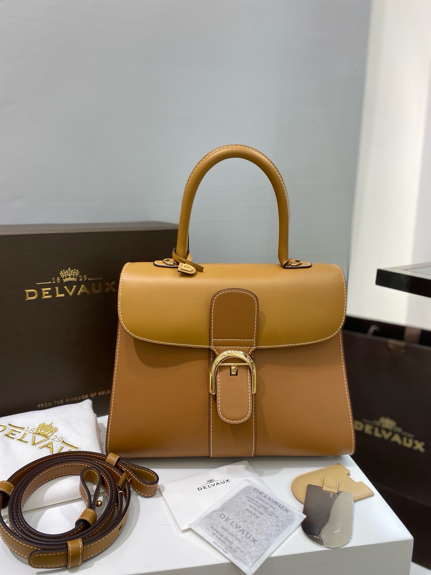 Bagsaaa Delvaux Calfskin MM Brillant Satchel Brown