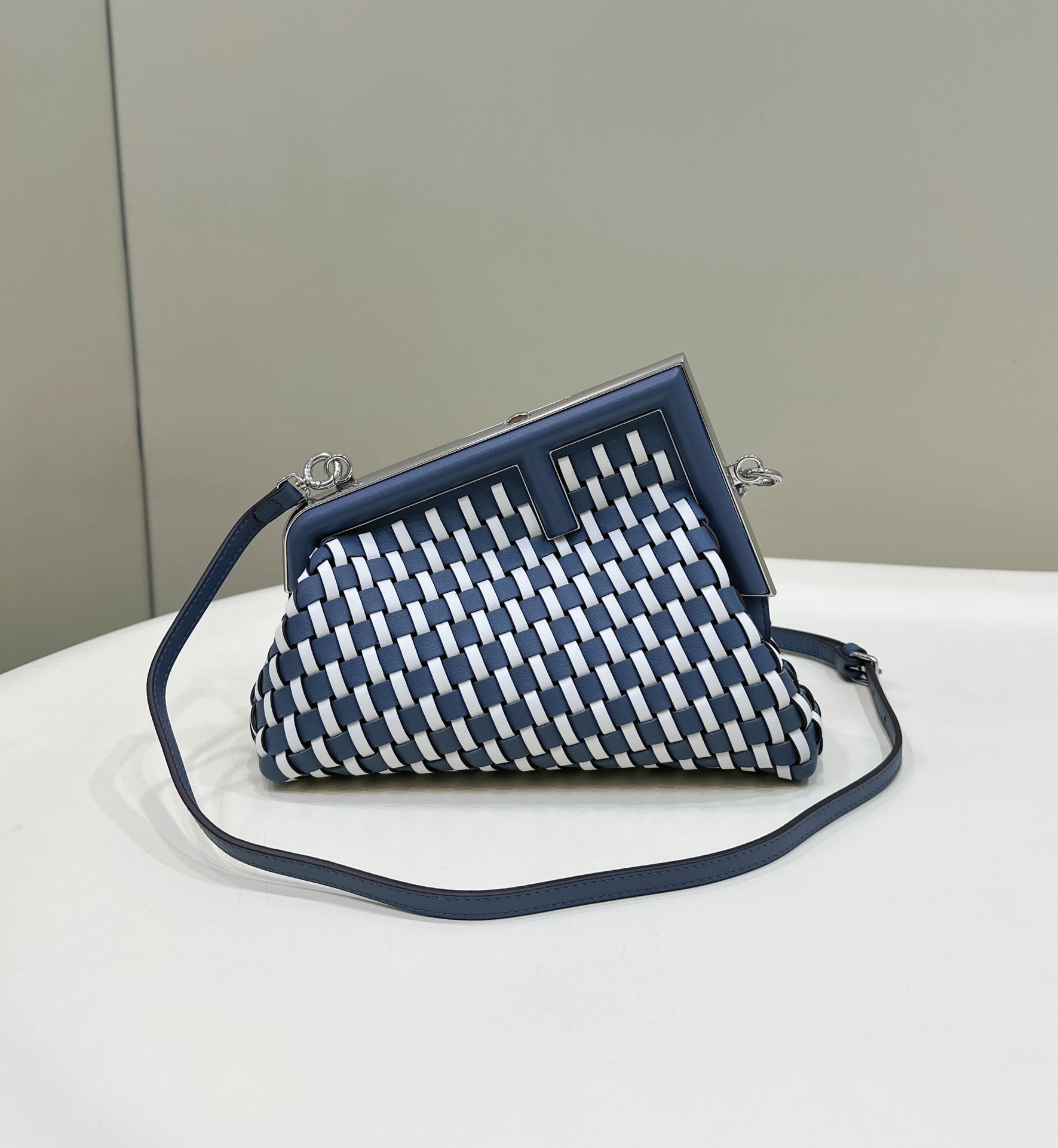 Bagsaaa F**di First Small braided leather bag blue & white - 26x18x9.5cm