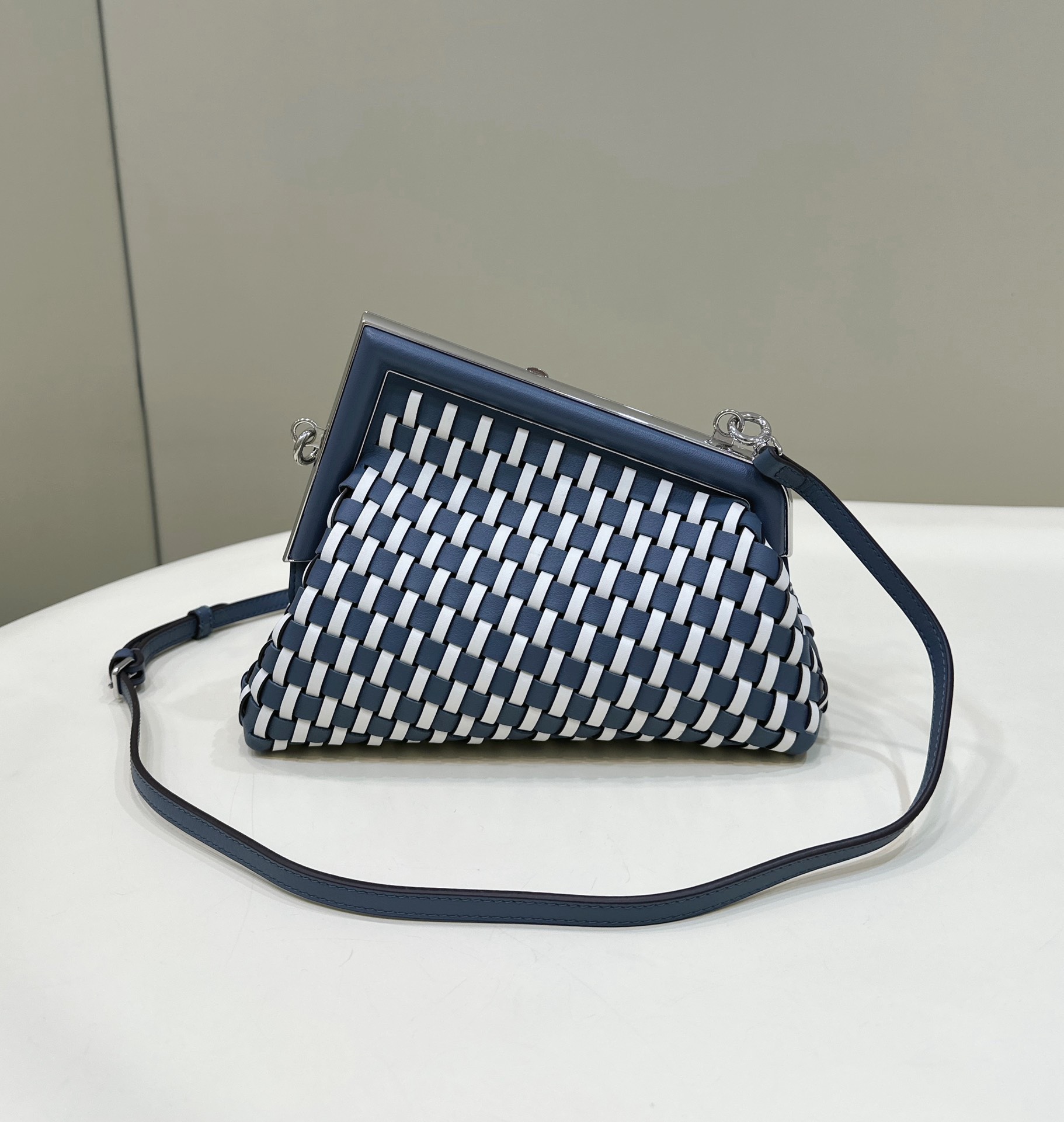 Bagsaaa F**di First Small braided leather bag blue & white - 26x18x9.5cm