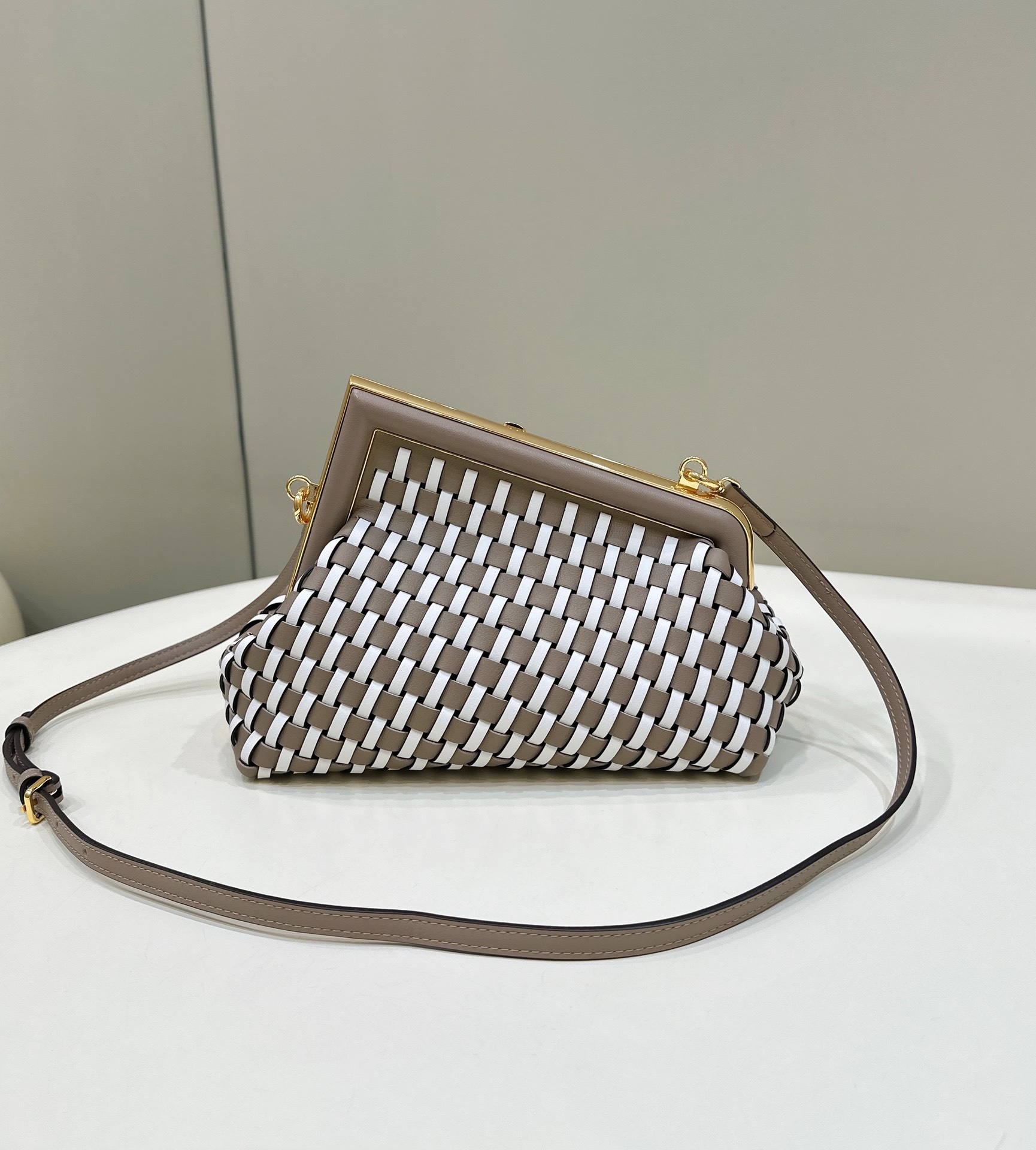 Bagsaaa F**di First Small braided leather bag taupe & white - 26x18x9.5cm