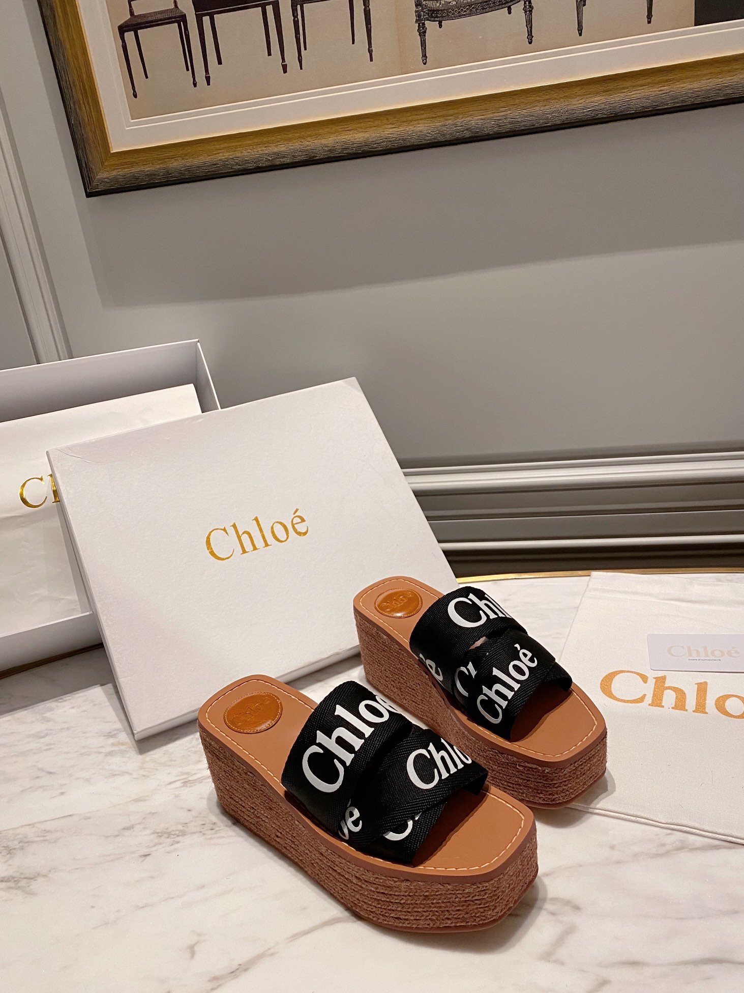 Chloe logo-strap wedge espadrilles black