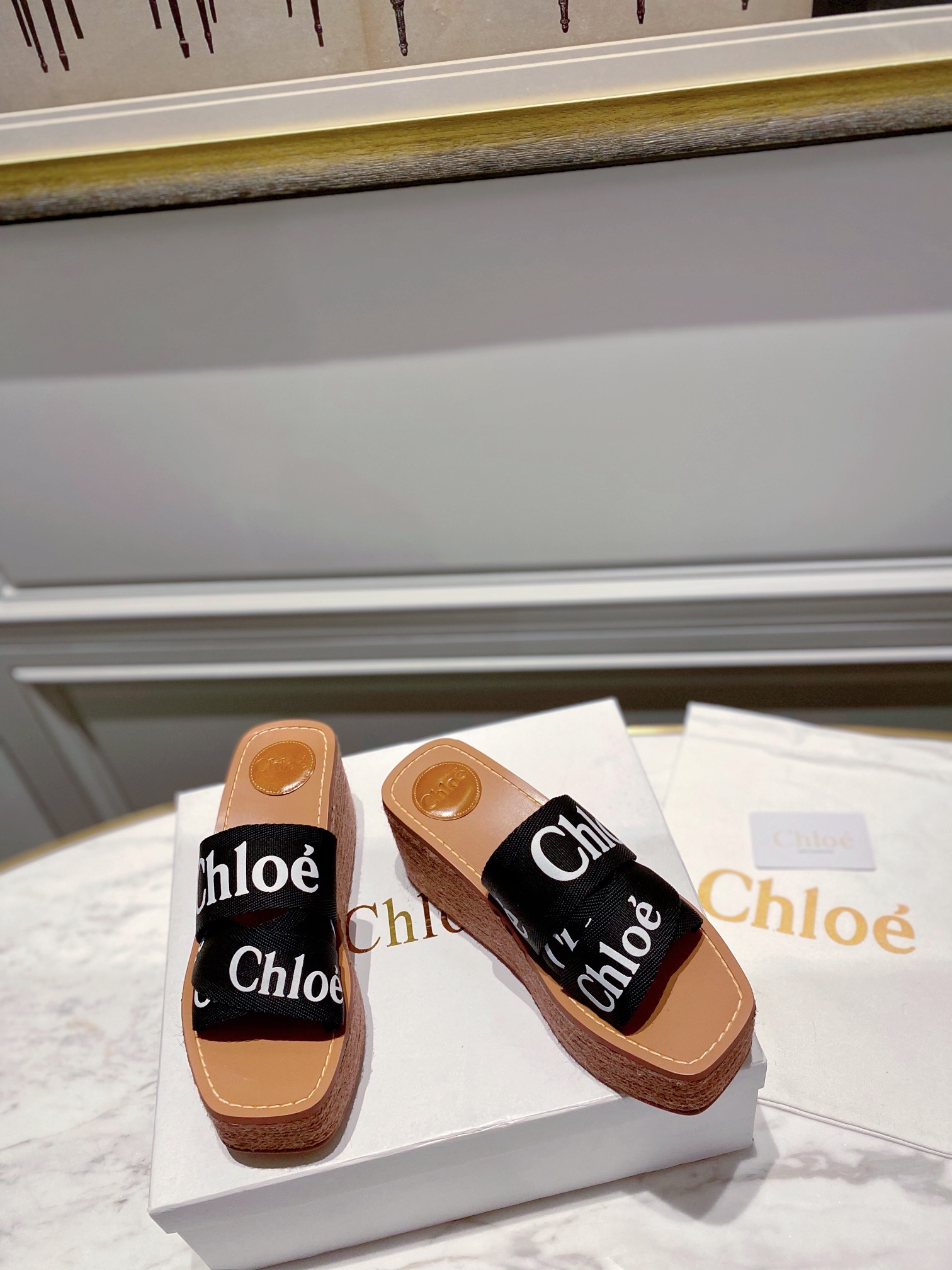 Chloe logo-strap wedge espadrilles black