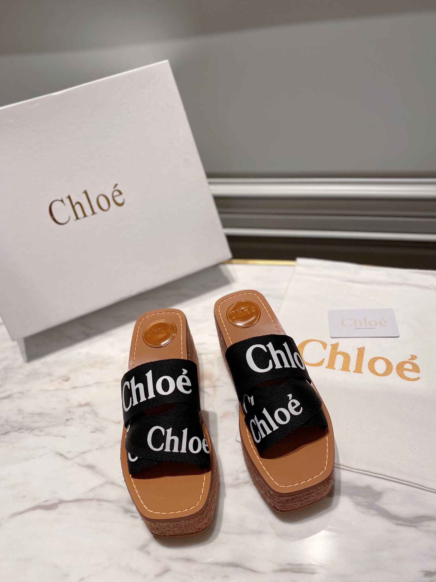Chloe logo-strap wedge espadrilles black
