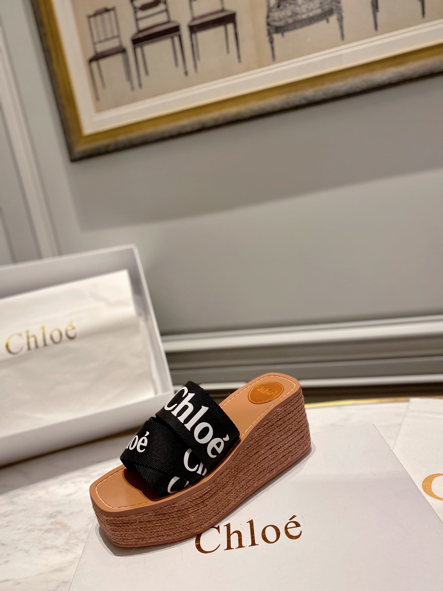 Chloe logo-strap wedge espadrilles black