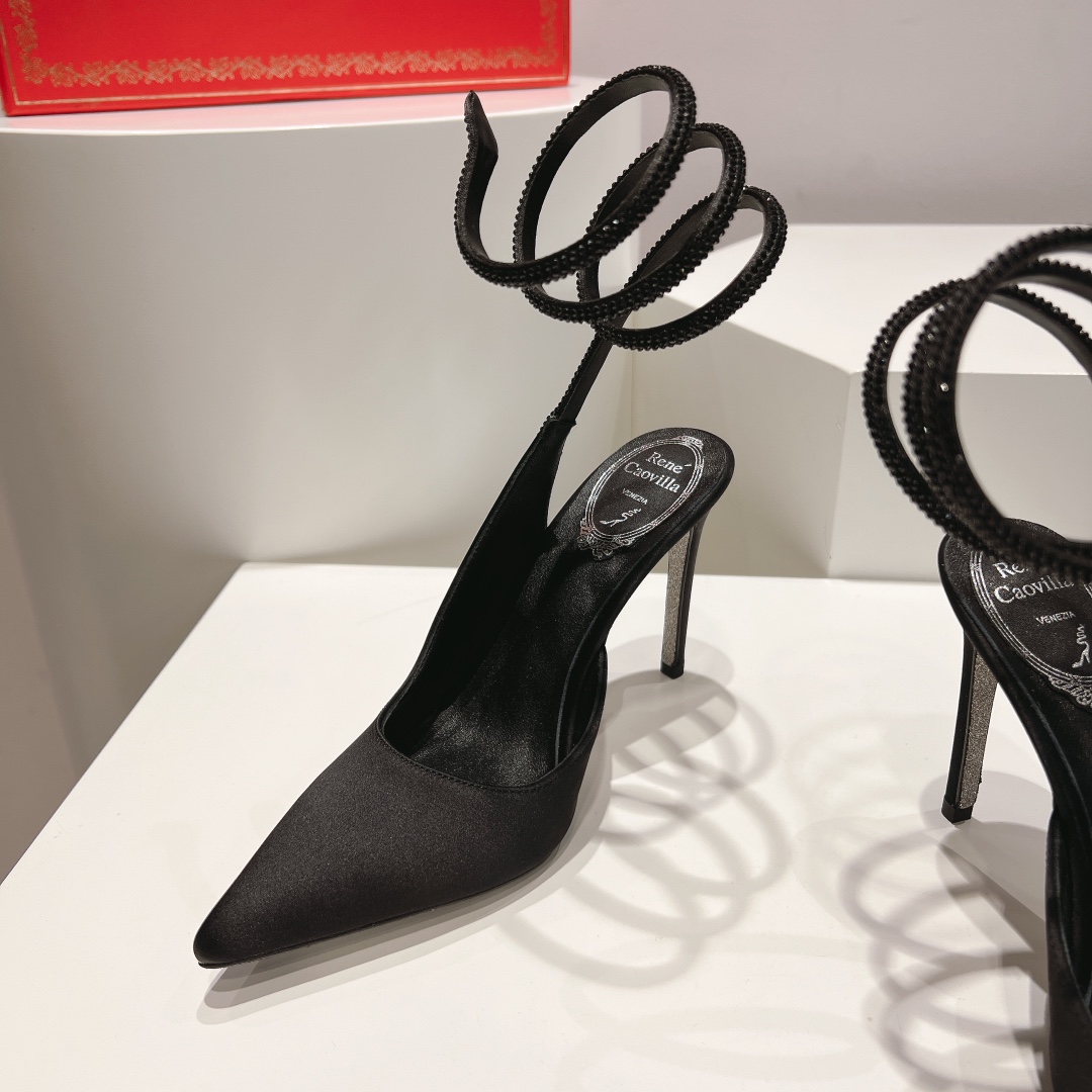 Bagsaaa Rene Caovilla Cleo All Black Satin Pump 105mm