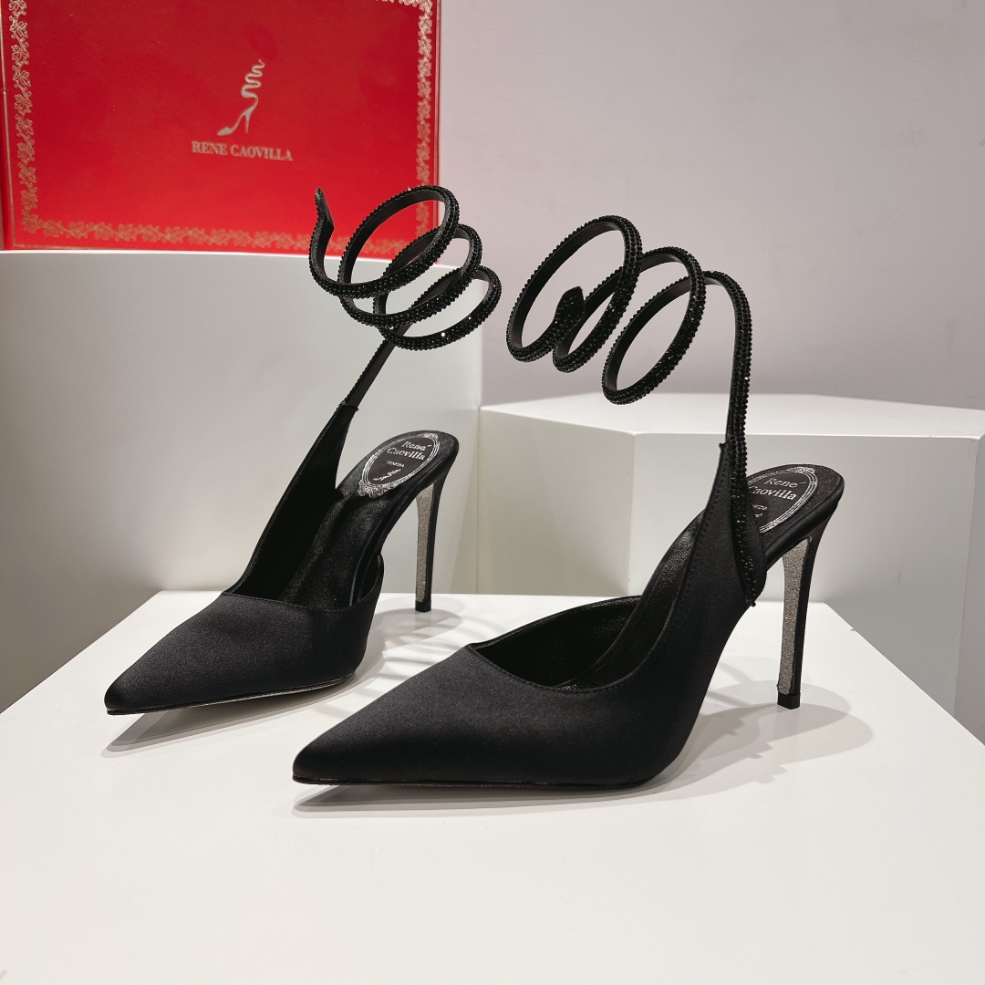 Bagsaaa Rene Caovilla Cleo All Black Satin Pump 105mm
