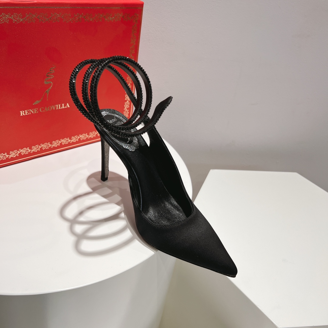 Bagsaaa Rene Caovilla Cleo All Black Satin Pump 105mm
