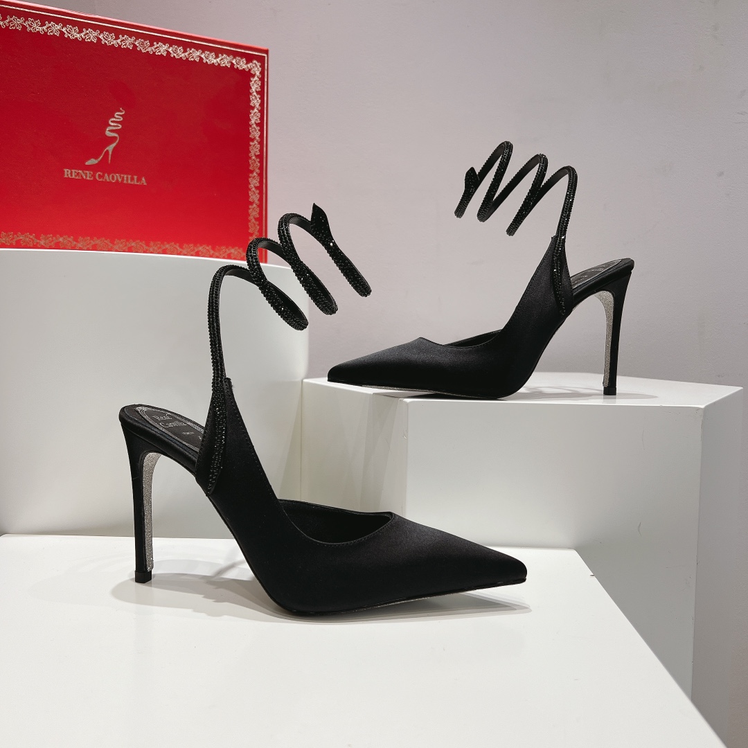 Bagsaaa Rene Caovilla Cleo All Black Satin Pump 105mm