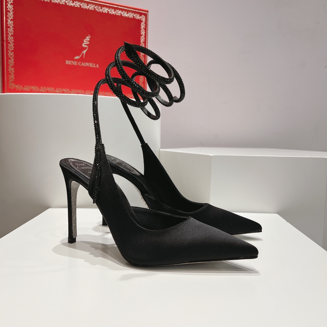 Bagsaaa Rene Caovilla Cleo All Black Satin Pump 105mm