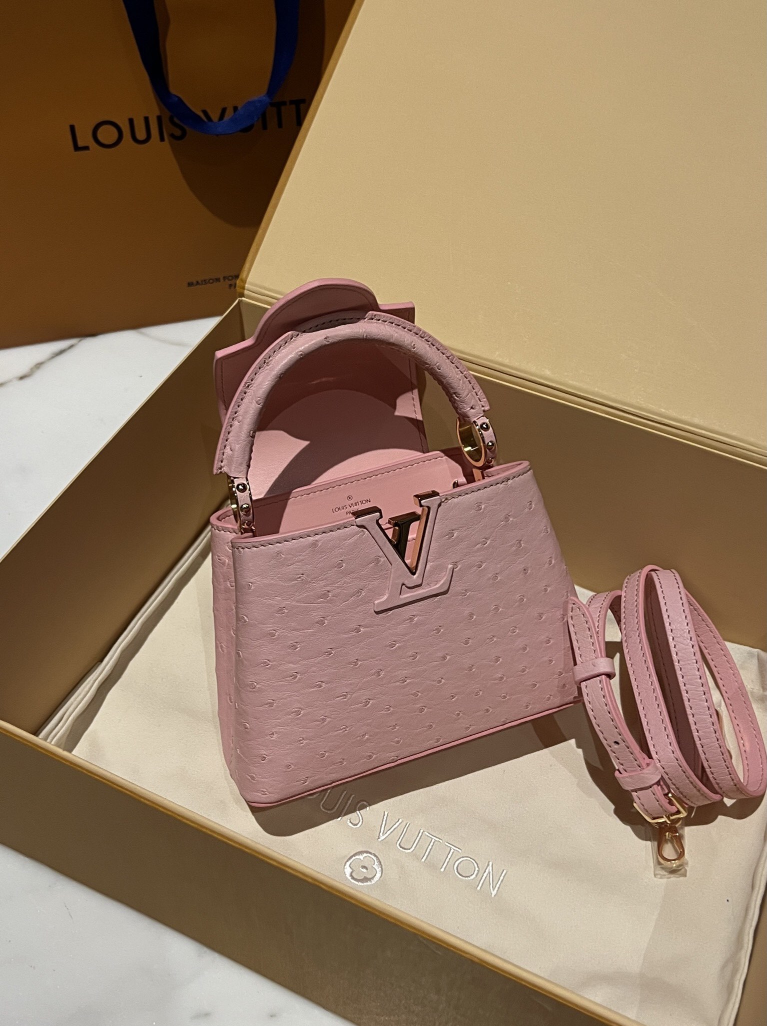 Bagsaaa L0vis Vvtt0n Capucines Ostrich Leather Pink