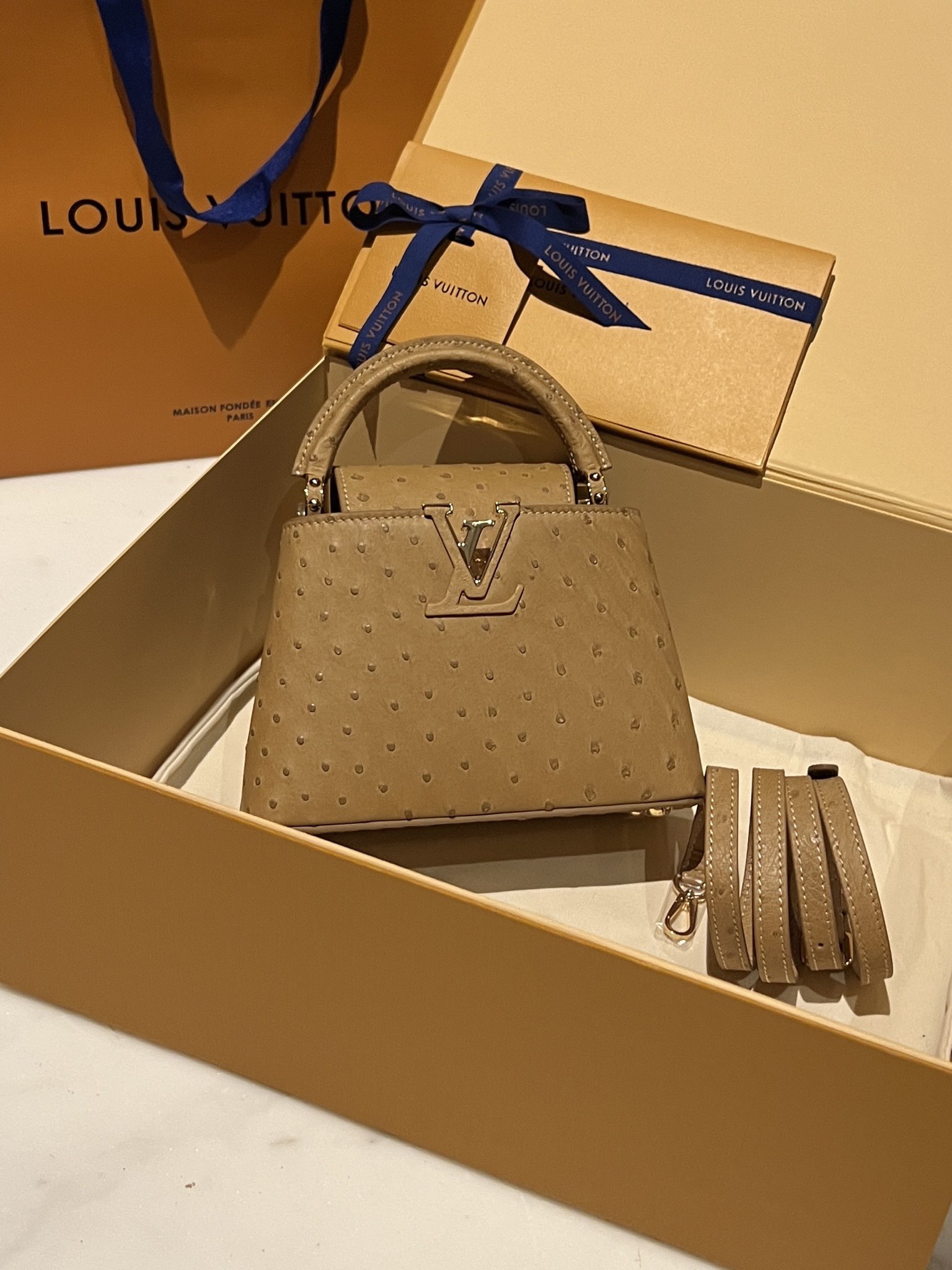 Bagsaaa L0vis Vvtt0n Capucines Ostrich Leather Brown