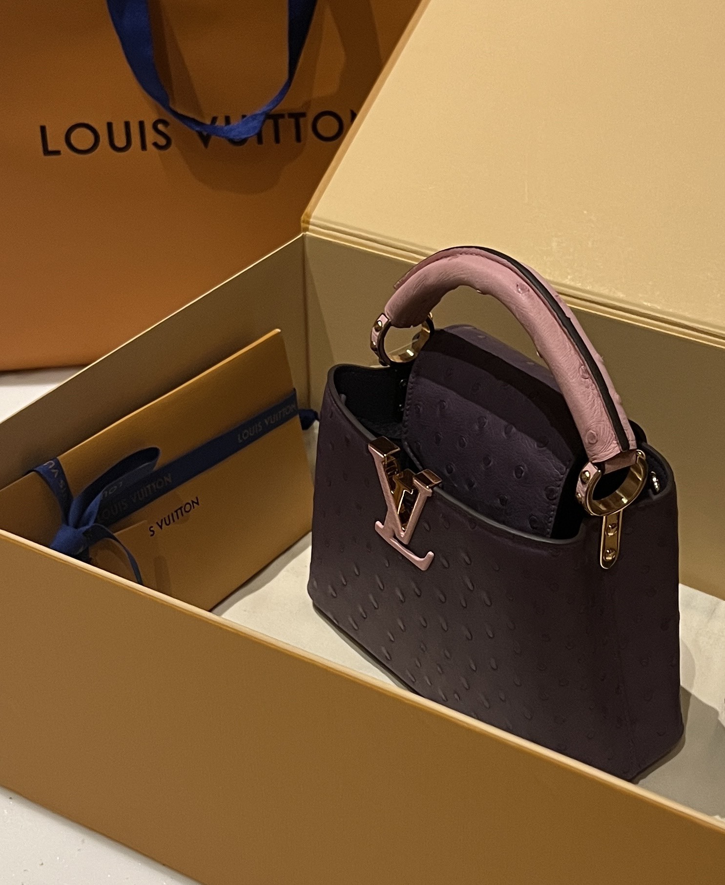 Bagsaaa L0vis Vvtt0n Capucines Ostrich Leather Purple & Pink