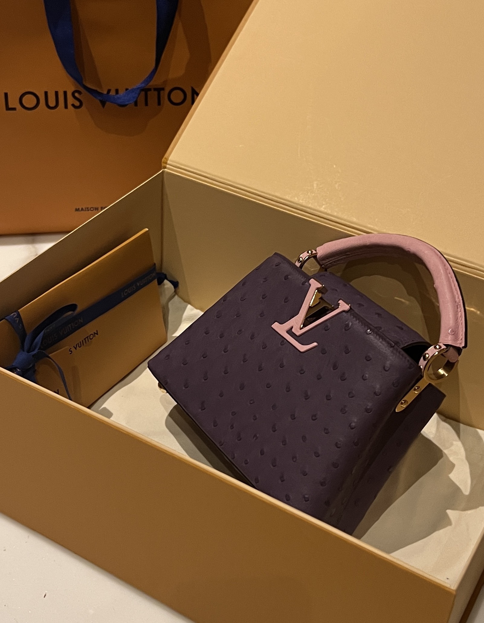 Bagsaaa L0vis Vvtt0n Capucines Ostrich Leather Purple & Pink