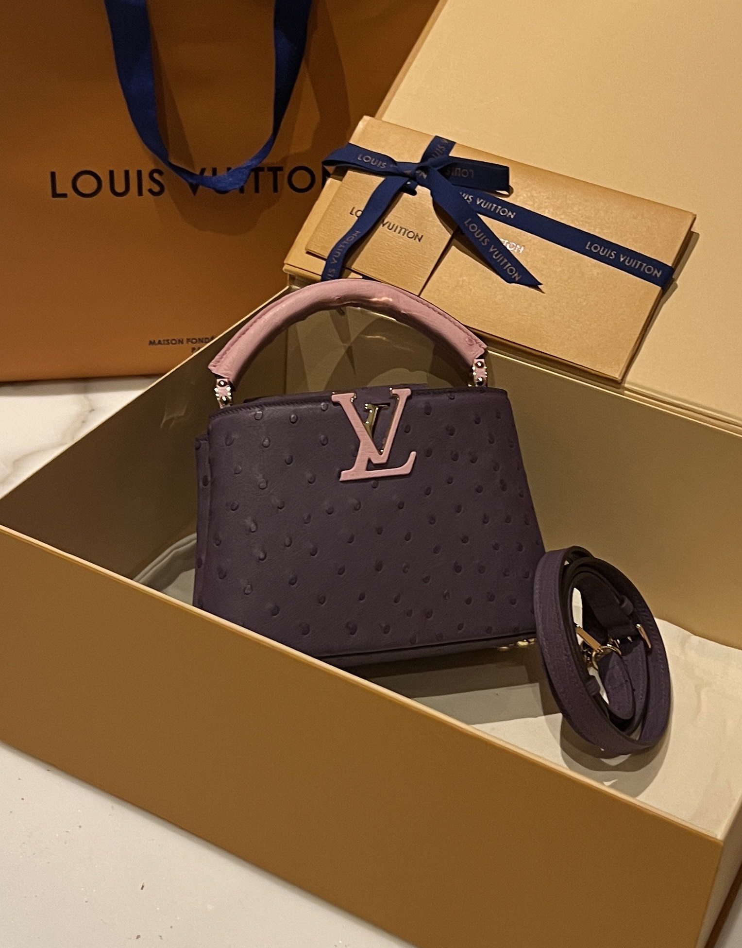 Bagsaaa L0vis Vvtt0n Capucines Ostrich Leather Purple & Pink