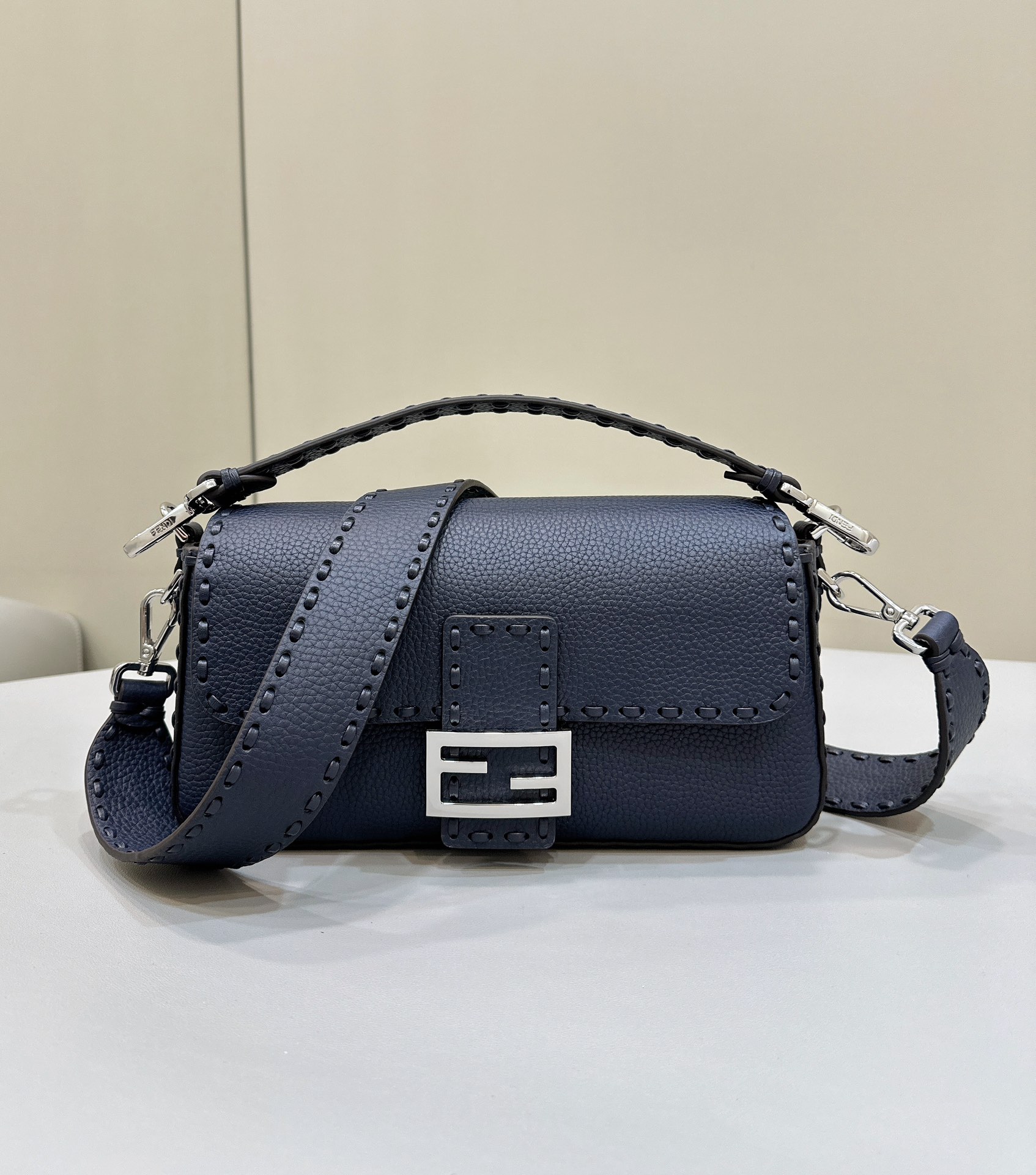 Bagsaaa F**di Baguette Dark Blue Selleria bag with oversize topstitching