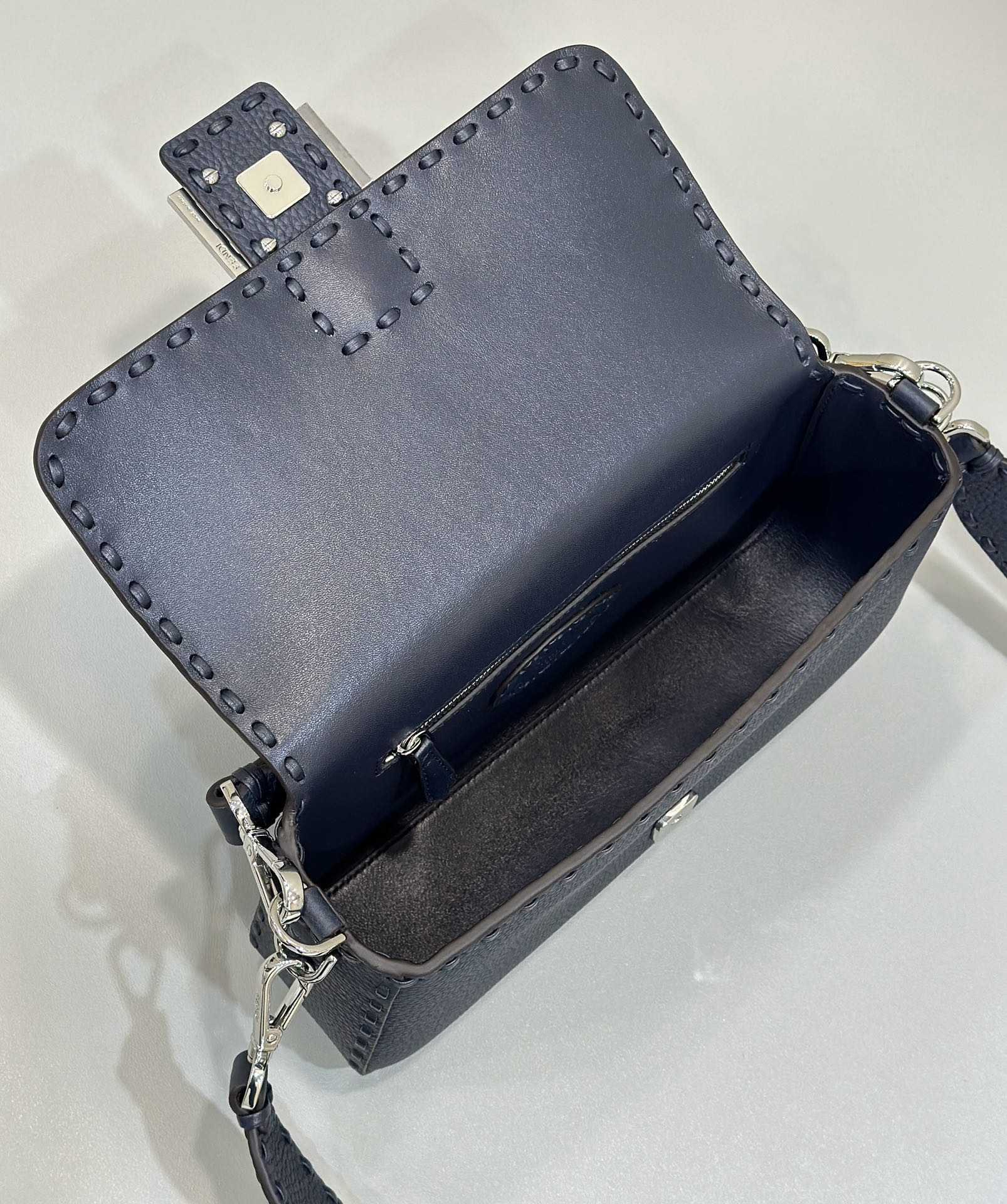 Bagsaaa F**di Baguette Dark Blue Selleria bag with oversize topstitching