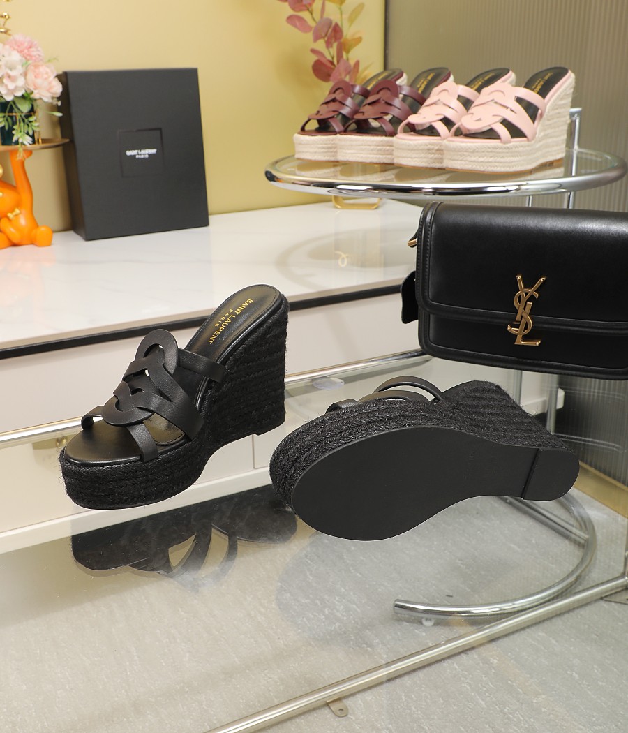 Bagsaaa Y51 Black Tribute Leather Espadrille Wedge Sandals