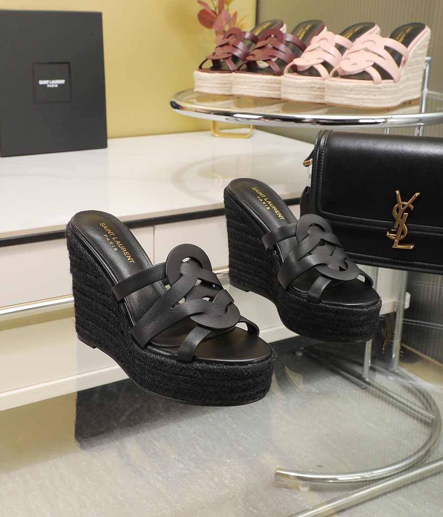 Bagsaaa Y51 Black Tribute Leather Espadrille Wedge Sandals