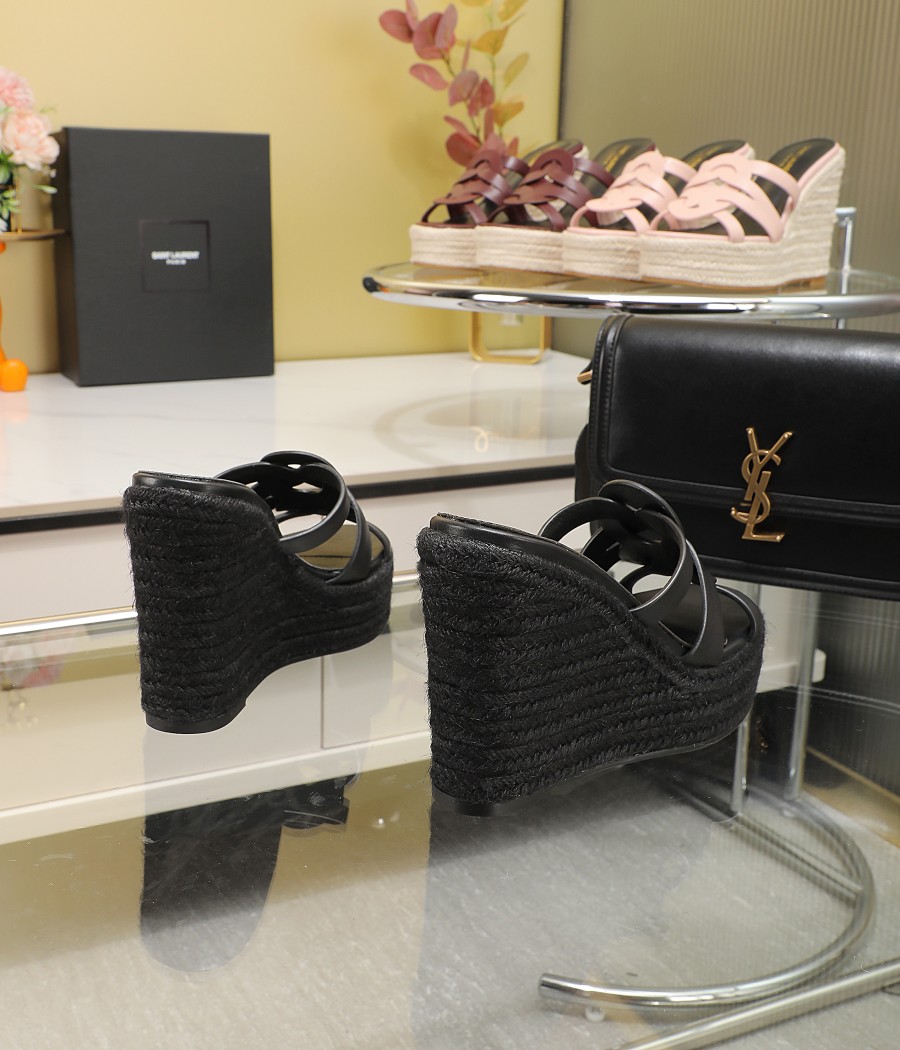 Bagsaaa Y51 Black Tribute Leather Espadrille Wedge Sandals