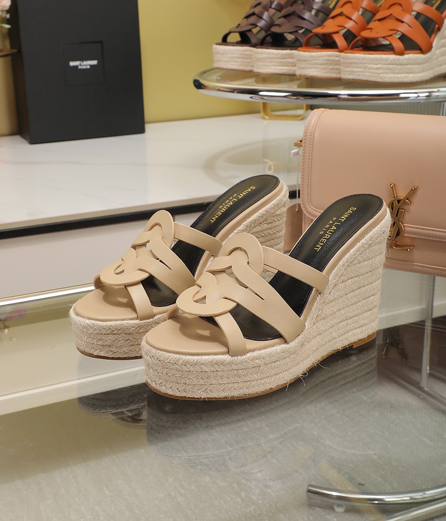 Bagsaaa Y51 Beige Tribute Leather Espadrille Wedge Sandals