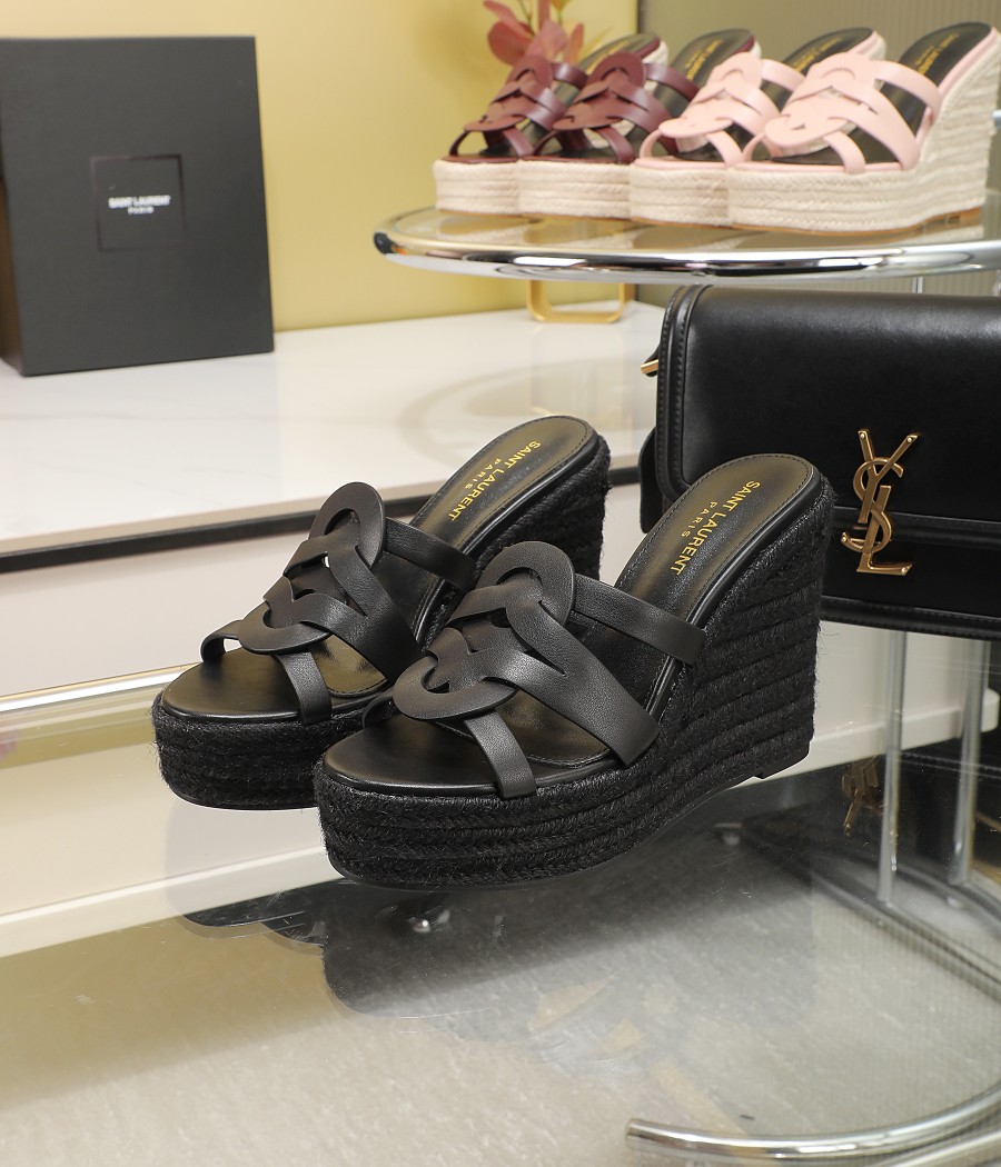 Bagsaaa Y51 Black Tribute Leather Espadrille Wedge Sandals
