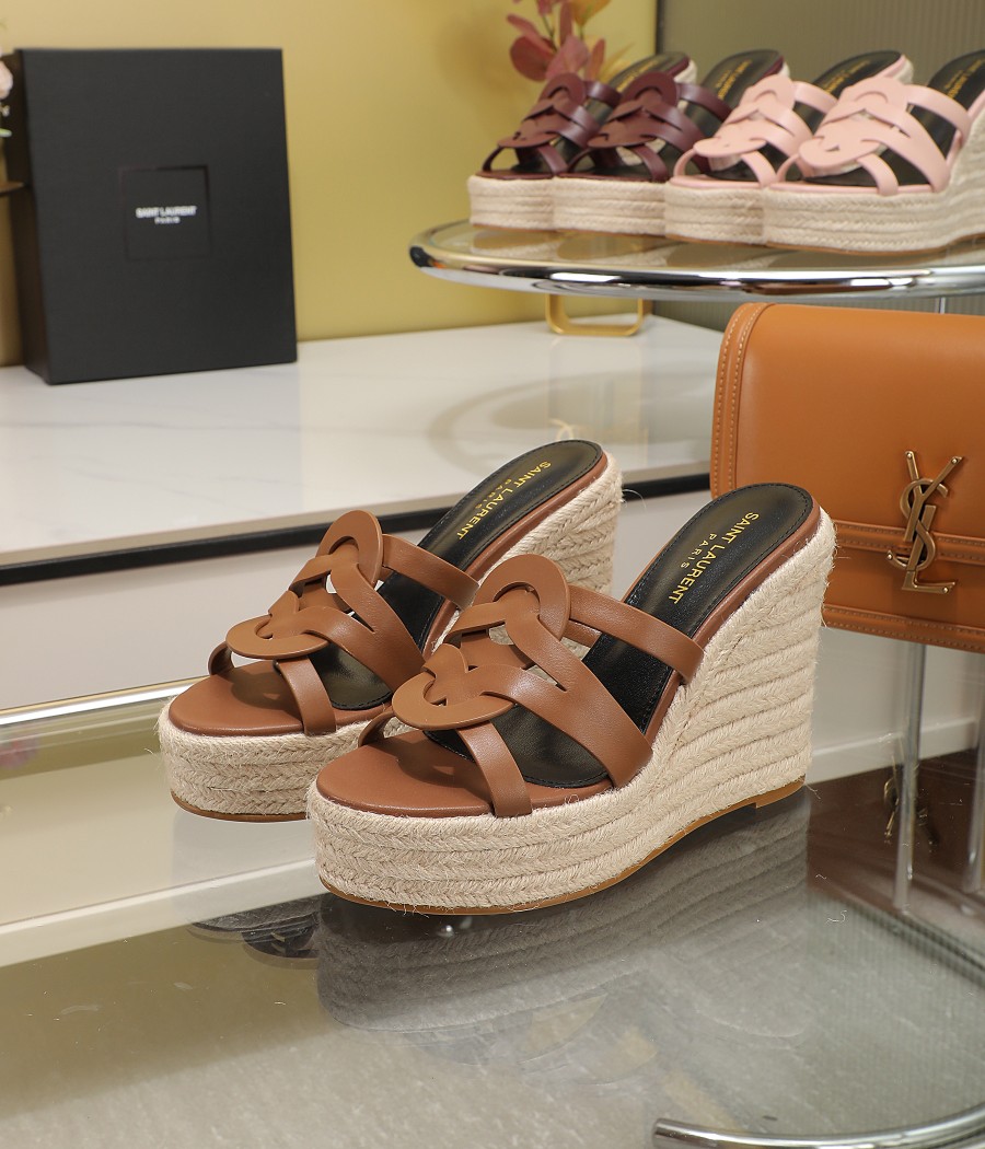 Bagsaaa Y51 Brown Tribute Leather Espadrille Wedge Sandals