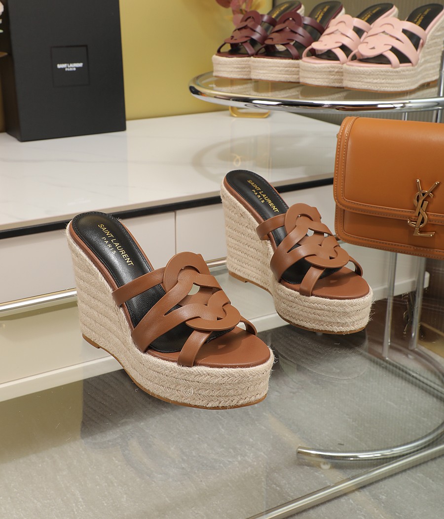 Bagsaaa Y51 Brown Tribute Leather Espadrille Wedge Sandals