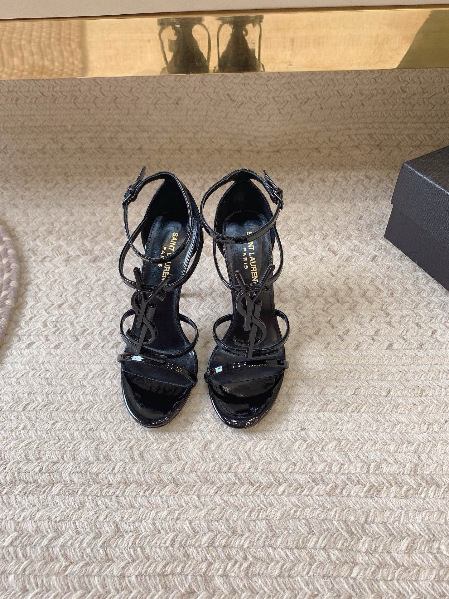 Bagsaaa Y51 Cassandra 100 all black patent leather sandals heels