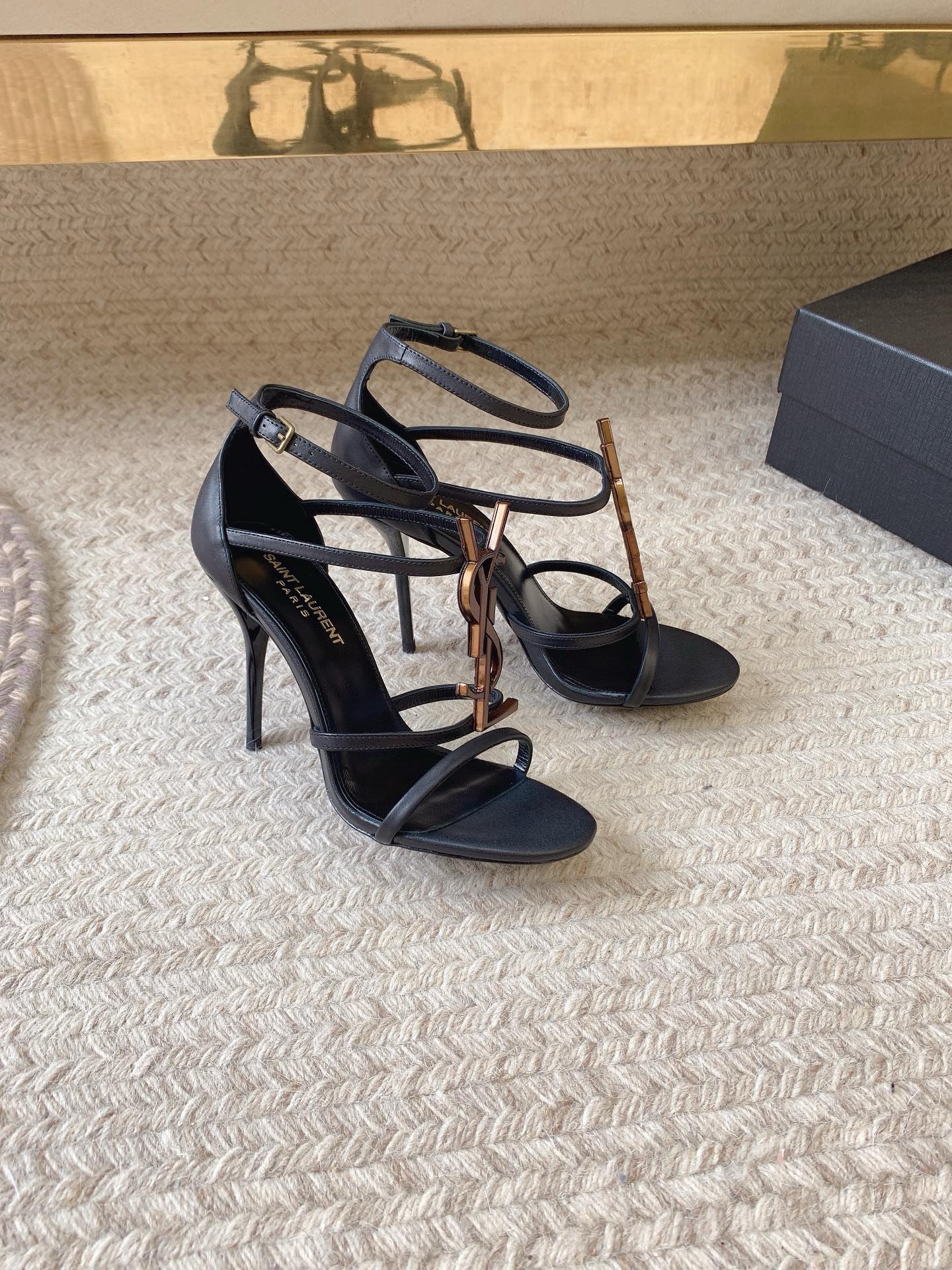 Bagsaaa Y51 Cassandra 100 all black leather sandals heels bronze logo