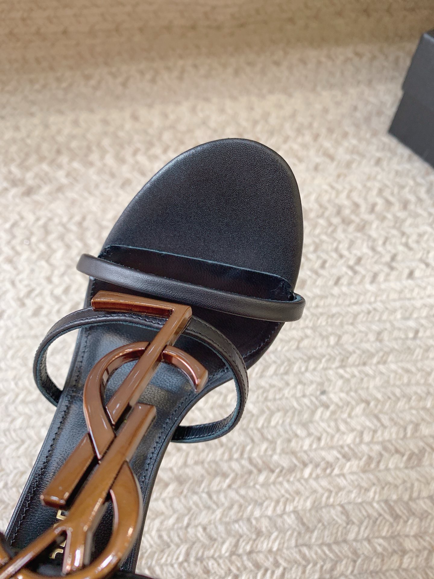 Bagsaaa Y51 Cassandra 100 all black leather sandals heels bronze logo
