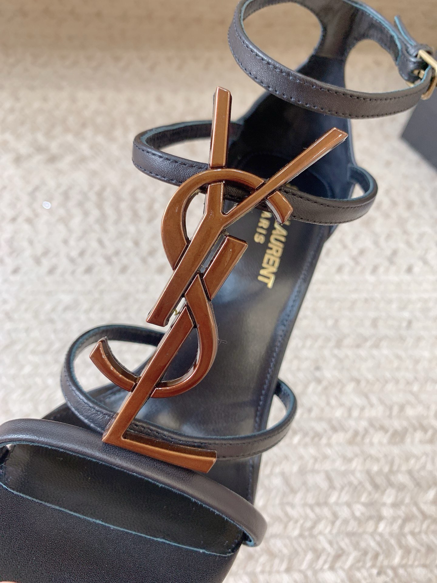 Bagsaaa Y51 Cassandra 100 all black leather sandals heels bronze logo