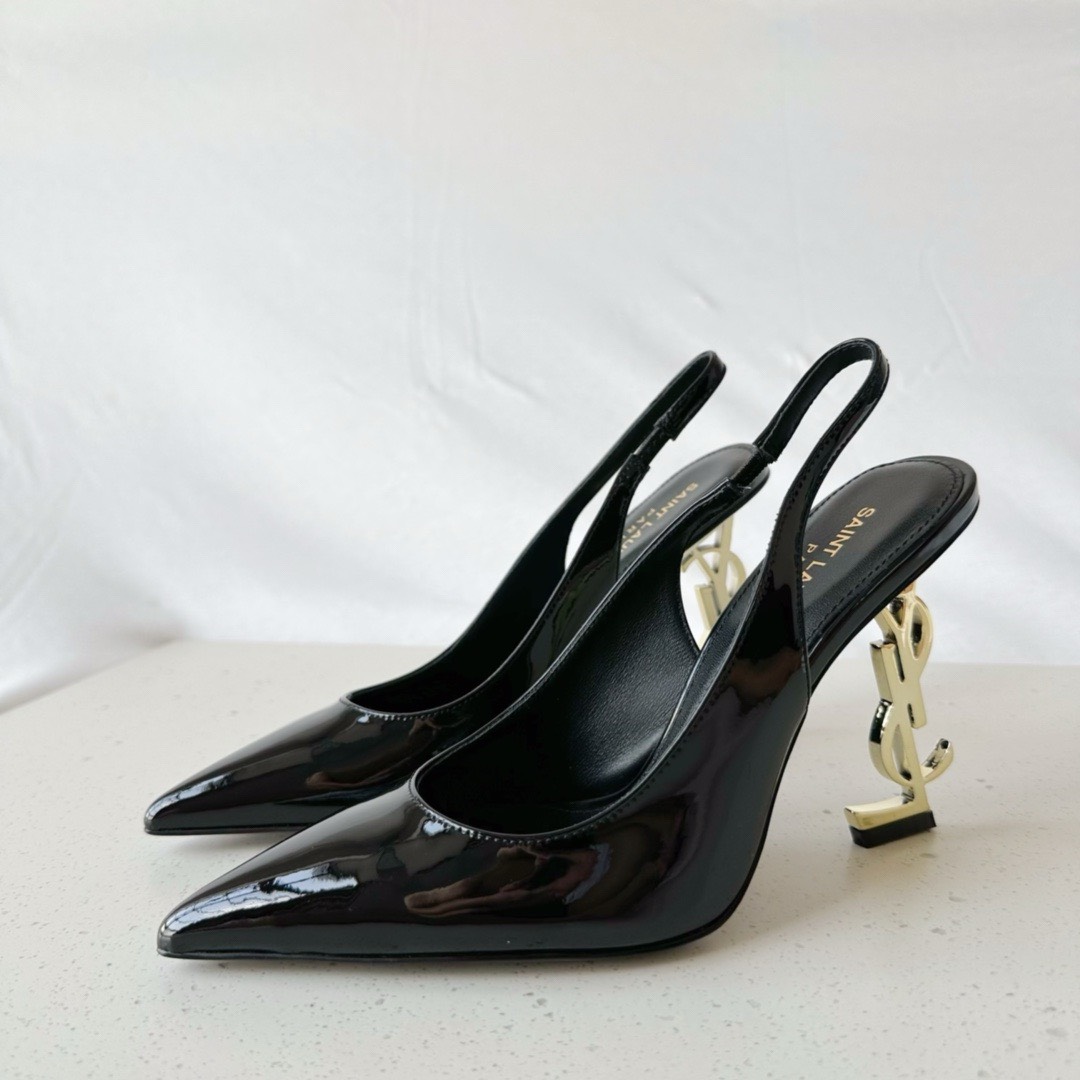 Bagsaaa Y51 Opyum Slingback Pumps Black Patent Leather Gold Heel