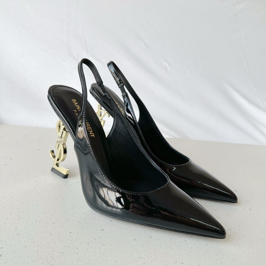 Bagsaaa Y51 Opyum Slingback Pumps Black Patent Leather Gold Heel