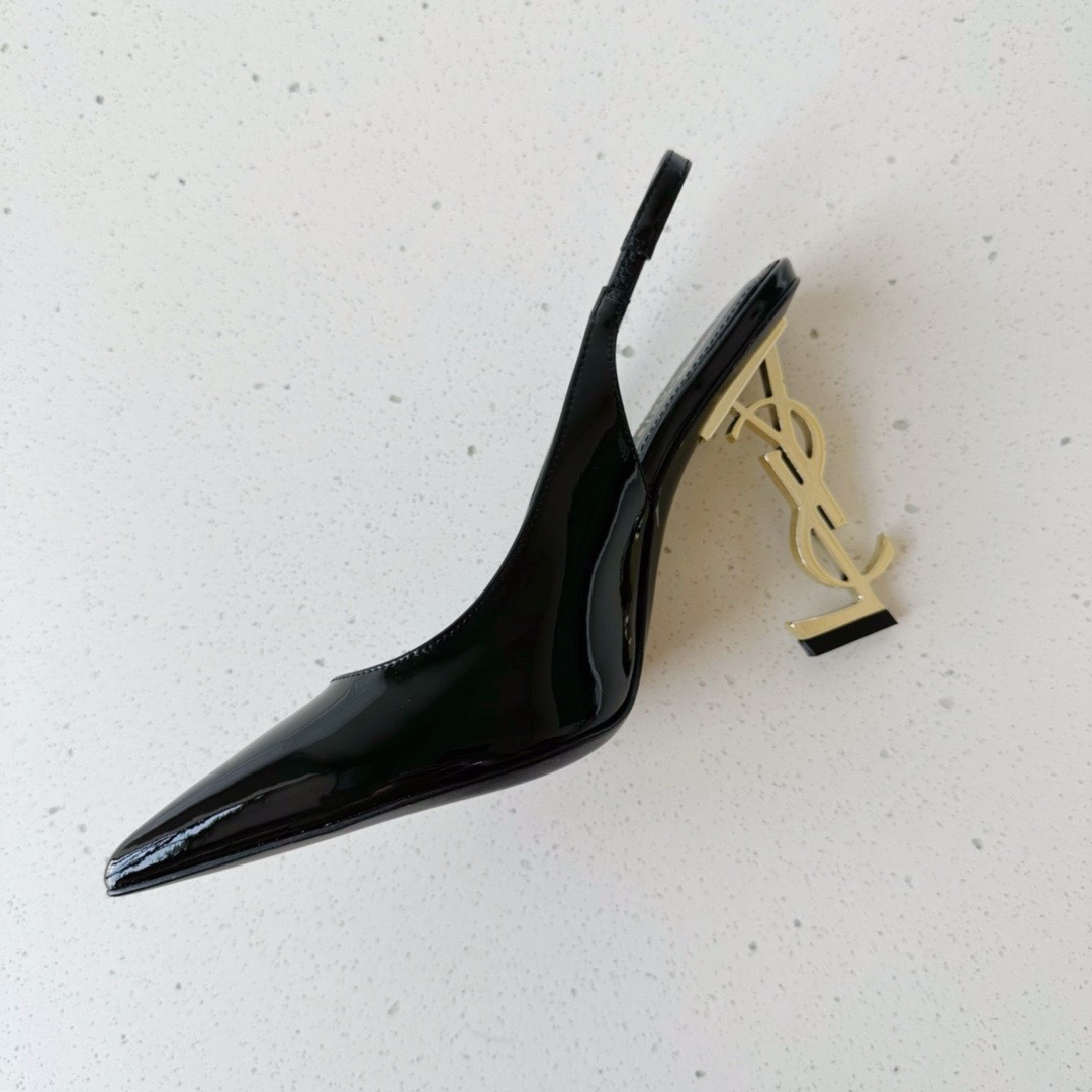 Bagsaaa Y51 Opyum Slingback Pumps Black Patent Leather Gold Heel