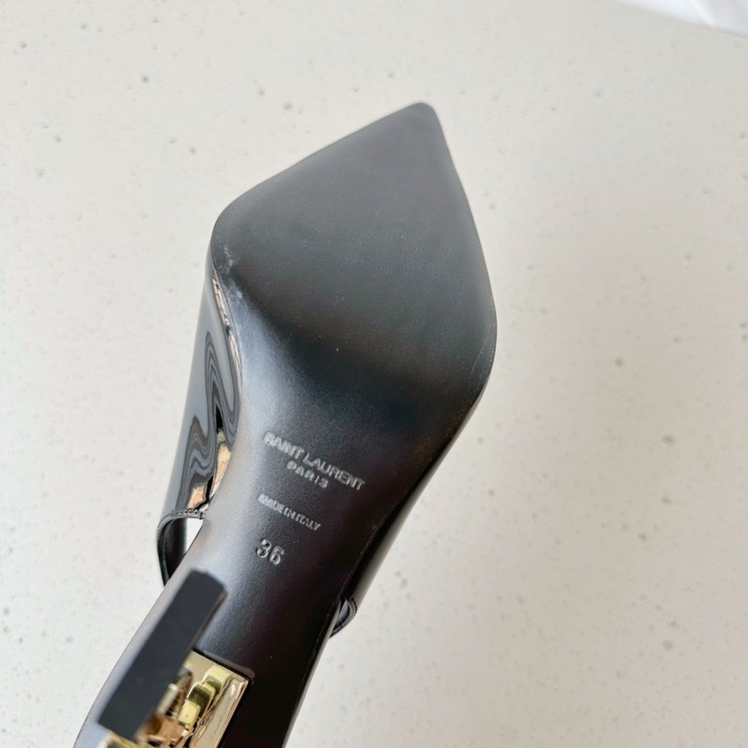 Bagsaaa Y51 Opyum Slingback Pumps Black Patent Leather Gold Heel
